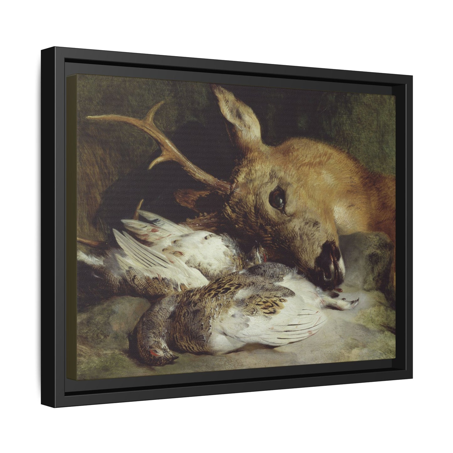Head of a Roebuck and Two Ptarmigan – Hunting Still Life. Vintage. Matte. Framed canvas.