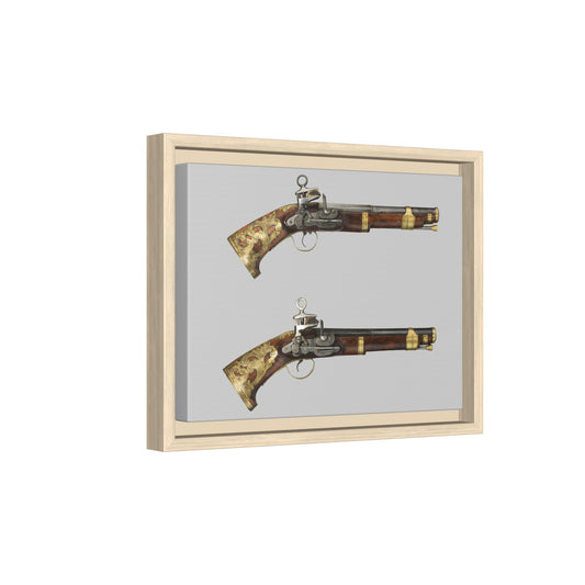 Double-Barrel Revolving Flintlock Holster Pistols – 19th Century. Matte. Framed canvas.