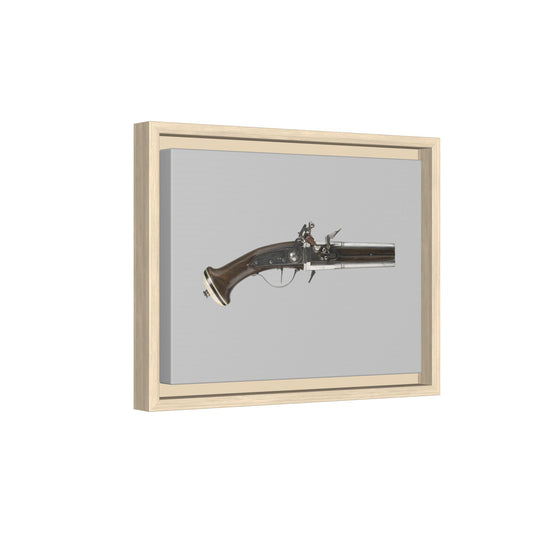 Double-Barrel Revolving Flintlock Pocket Pistol – 19th Century. Matte. Framed canvas.