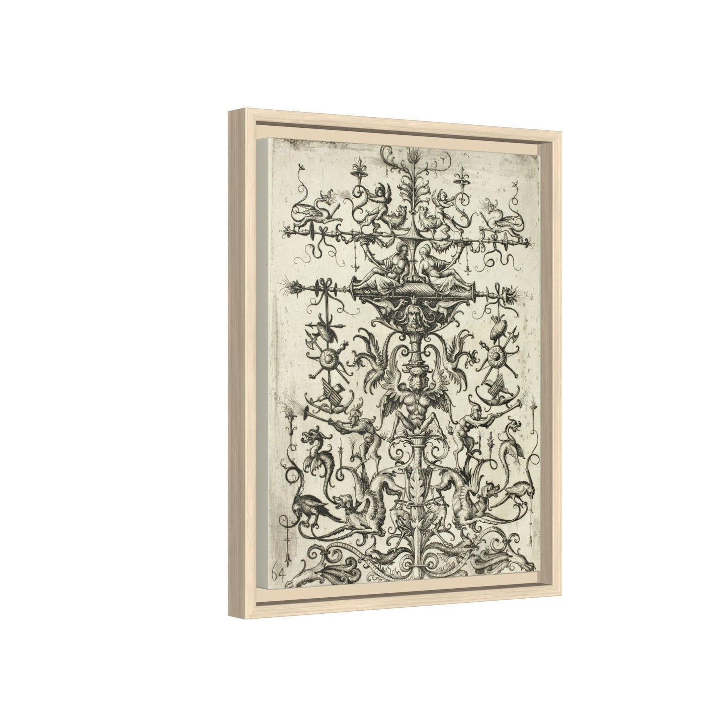 Ornament with Arabesques – Renaissance Grotesque Engraving. Matte. Framed canvas.