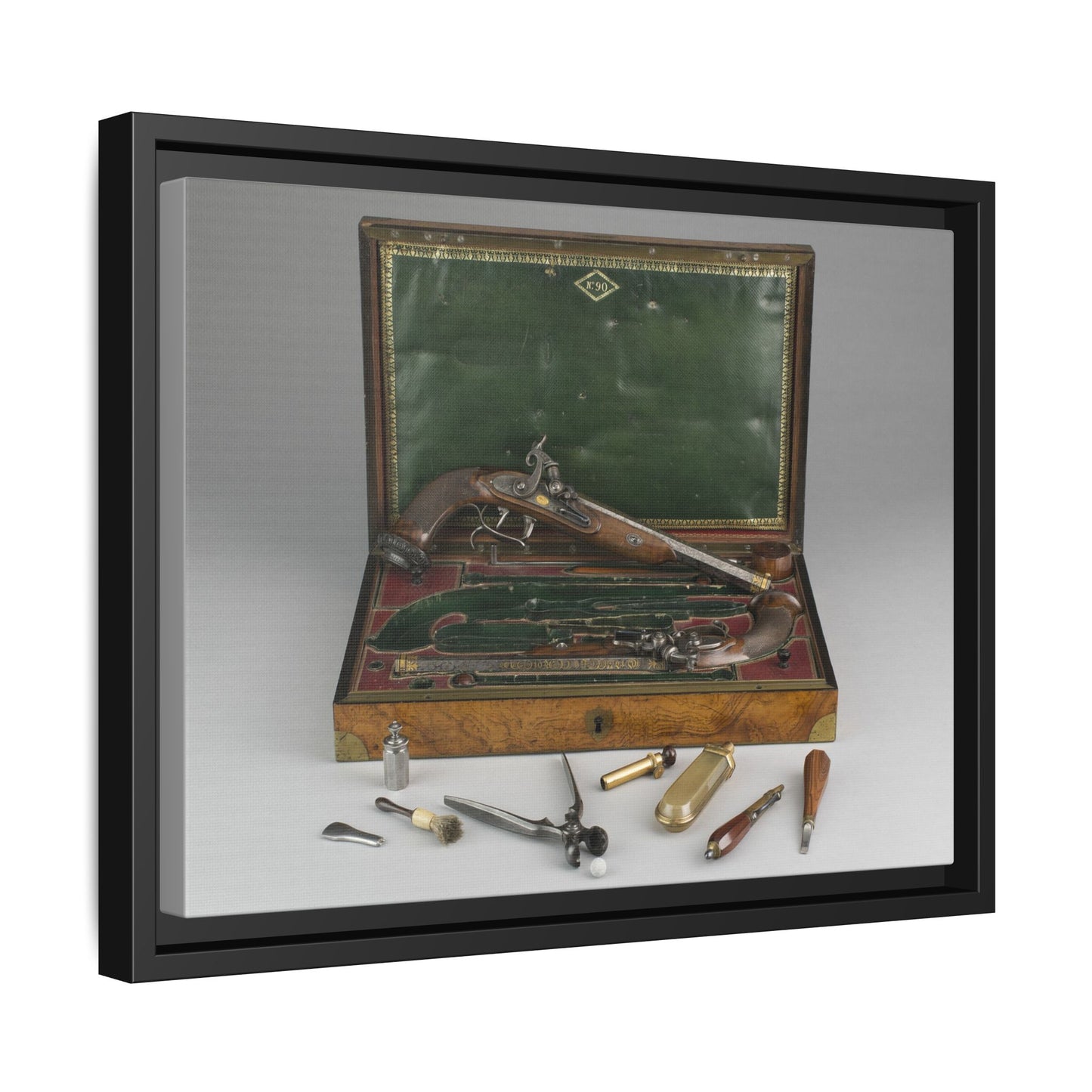Cased Pair of Percussion Pistols – 19th Century Gentleman’s Set. Matte. Framed Canvas.