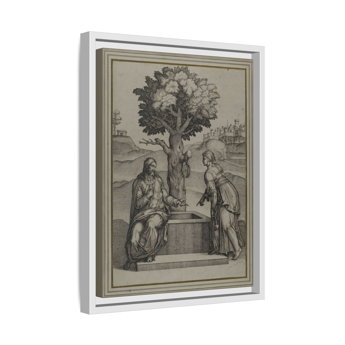 Christ and the Woman of Samaria – Biblical Engraving. Matte. Framed canvas.