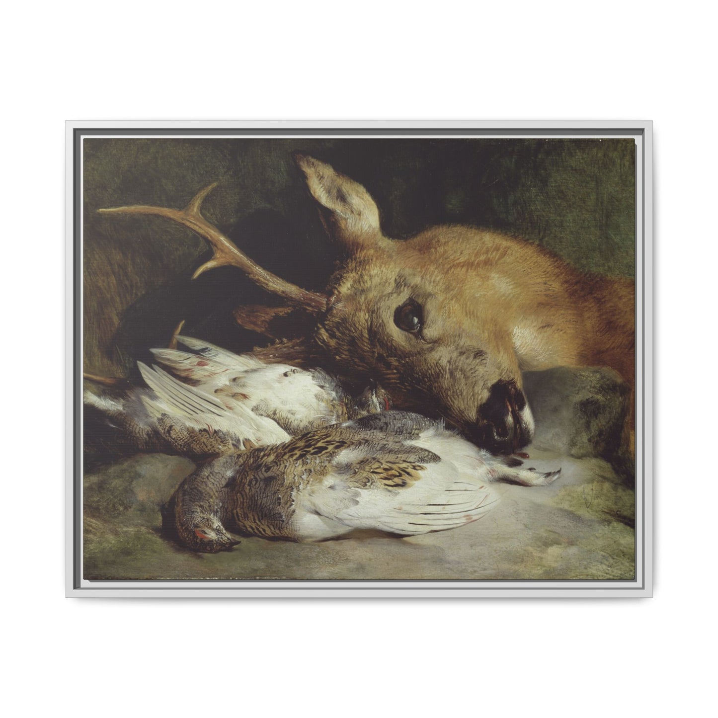 Head of a Roebuck and Two Ptarmigan – Hunting Still Life. Vintage. Matte. Framed canvas.
