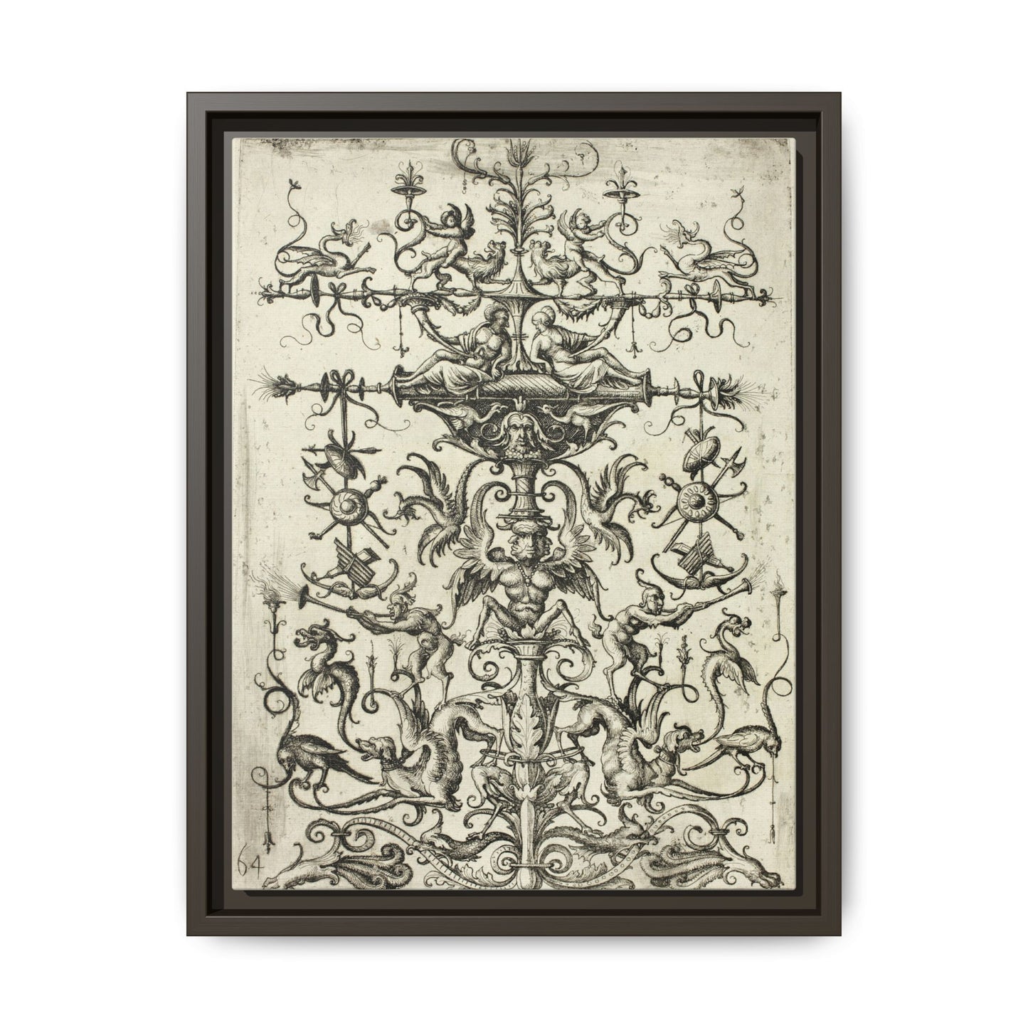 Ornament with Arabesques – Renaissance Grotesque Engraving. Matte. Framed canvas.
