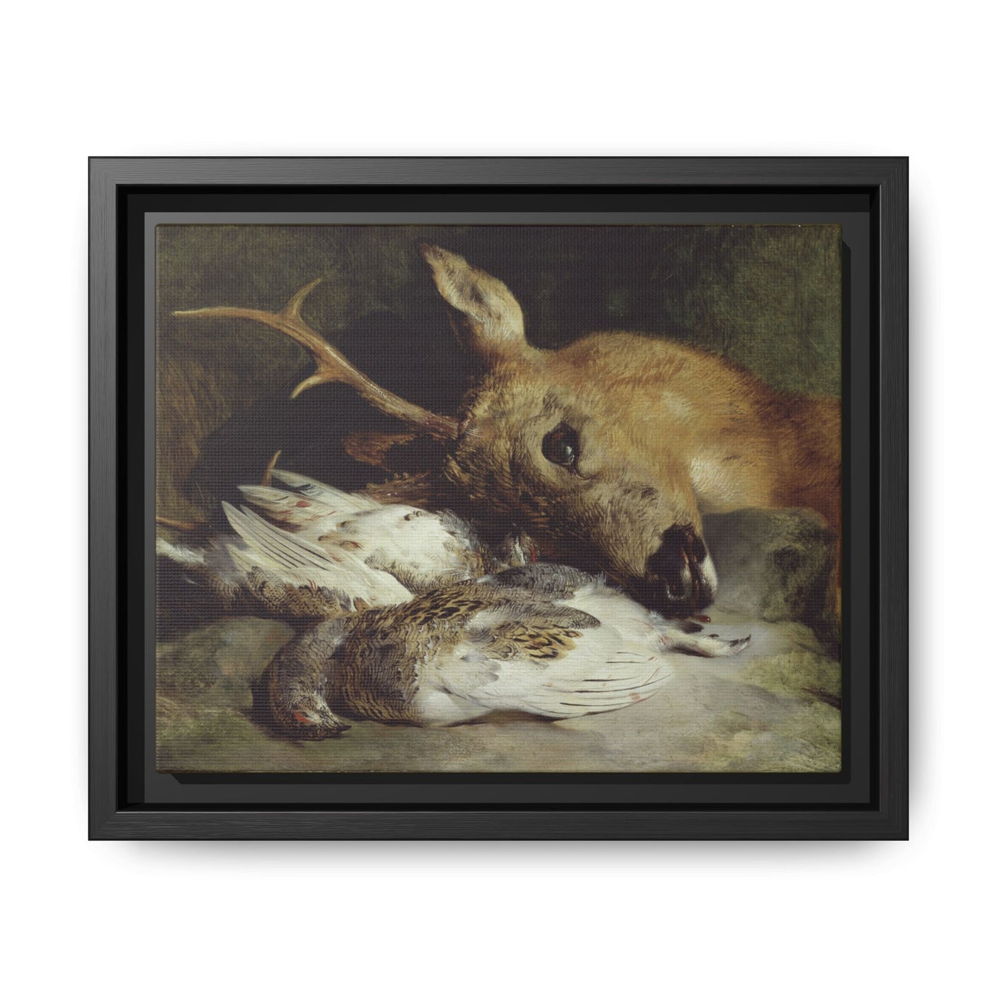 Head of a Roebuck and Two Ptarmigan – Hunting Still Life. Vintage. Matte. Framed canvas.