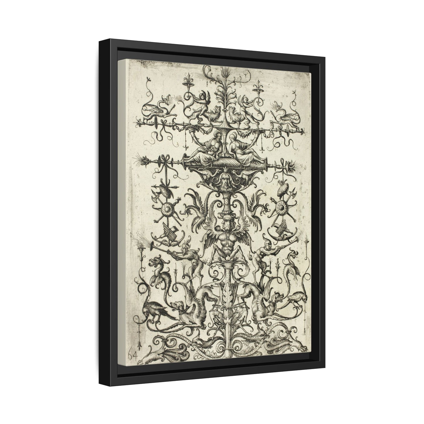 Ornament with Arabesques – Renaissance Grotesque Engraving. Matte. Framed canvas.