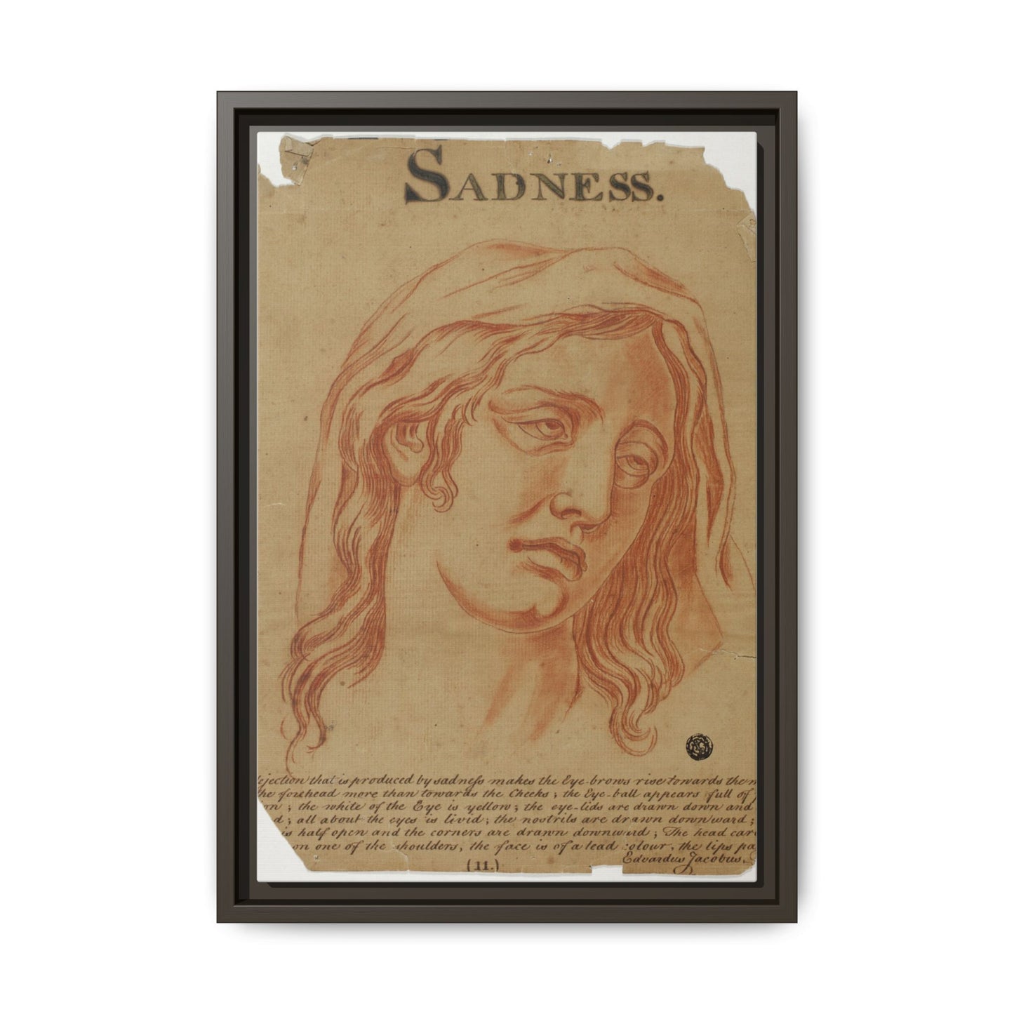Sadness – Allegorical Engraving. Vintage Red Chalk Head Study. Matte. Framed Canvas.