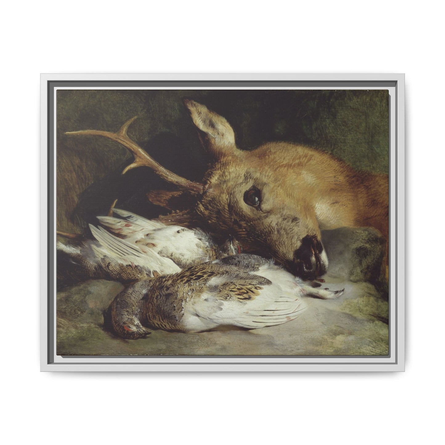 Head of a Roebuck and Two Ptarmigan – Hunting Still Life. Vintage. Matte. Framed canvas.