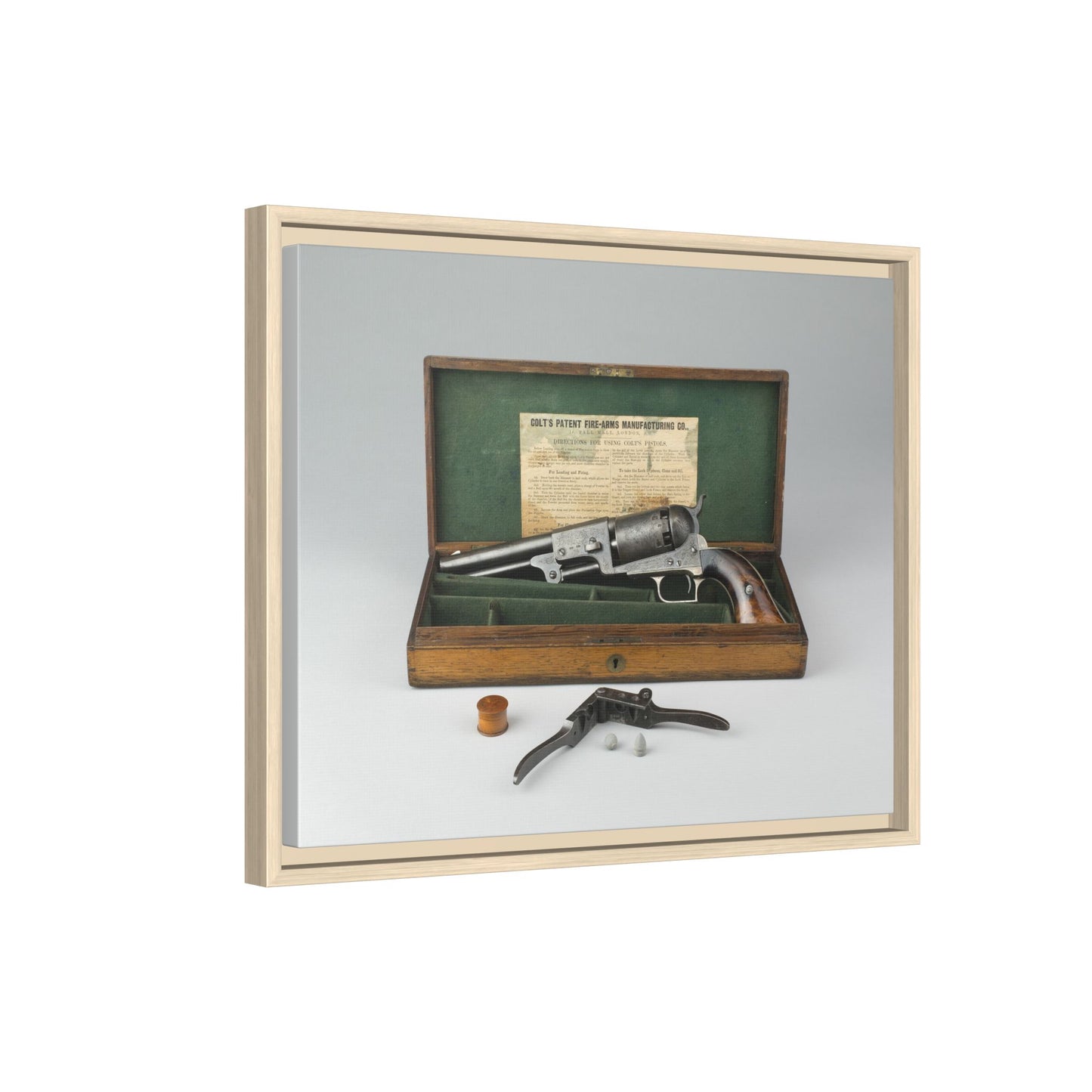 Cased Colt Dragoon Model 1848 – First Issue Revolver. Matte. Framed Canvas.