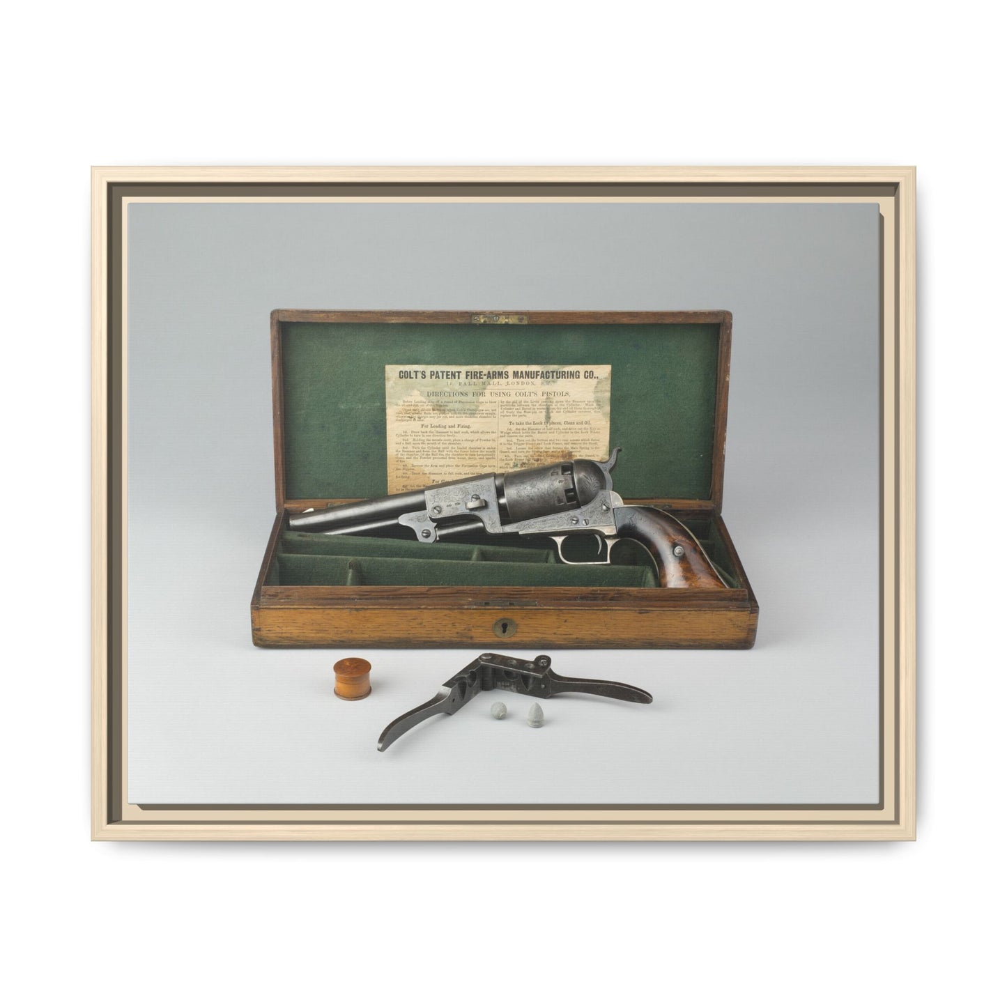 Cased Colt Dragoon Model 1848 – First Issue Revolver. Matte. Framed Canvas.