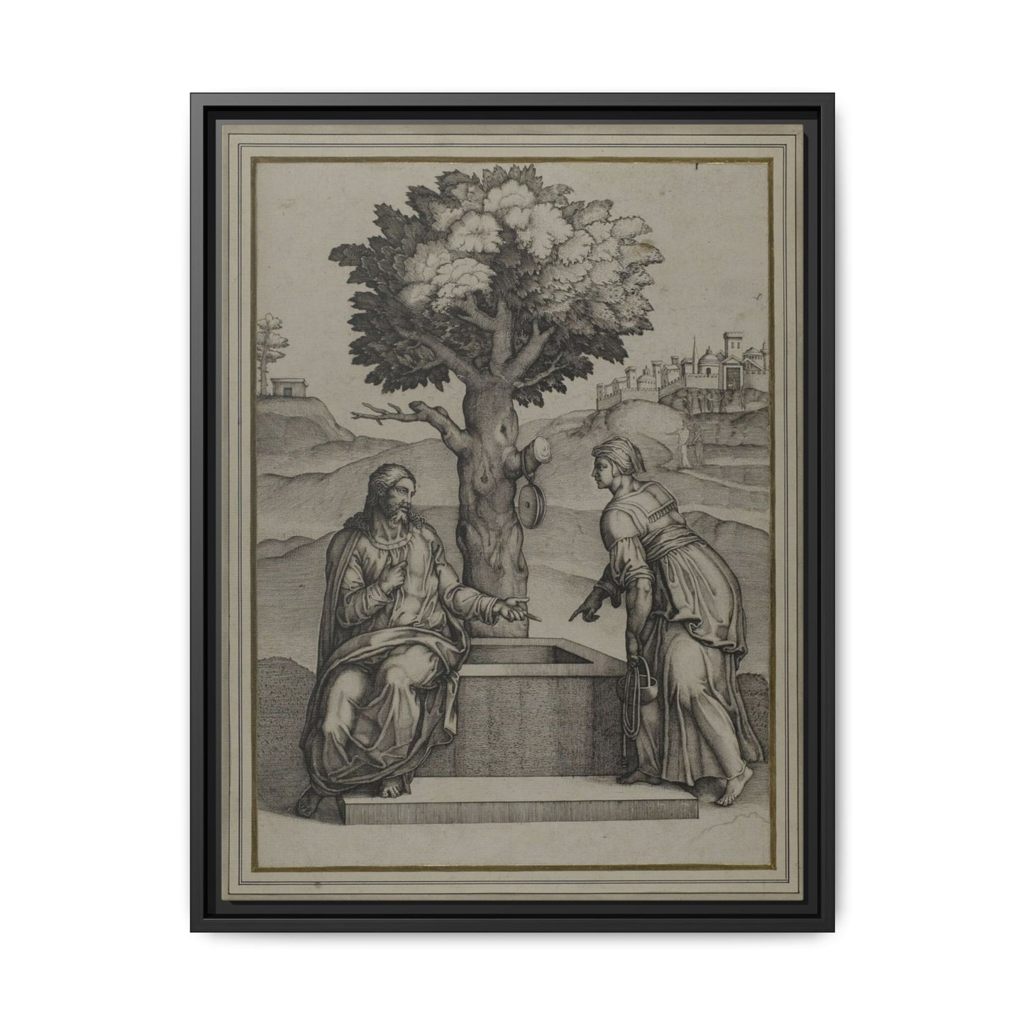 Christ and the Woman of Samaria – Biblical Engraving. Matte. Framed canvas.