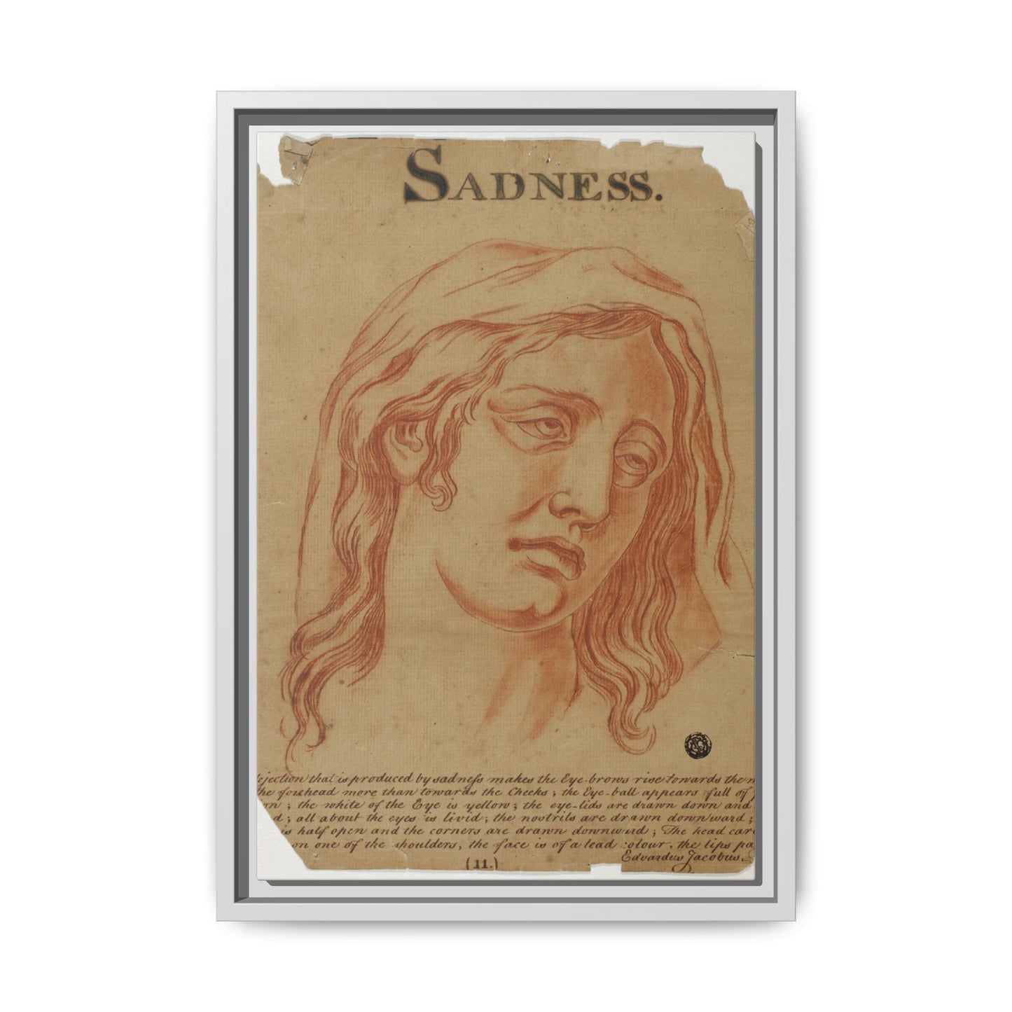 Sadness – Allegorical Engraving. Vintage Red Chalk Head Study. Matte. Framed Canvas.