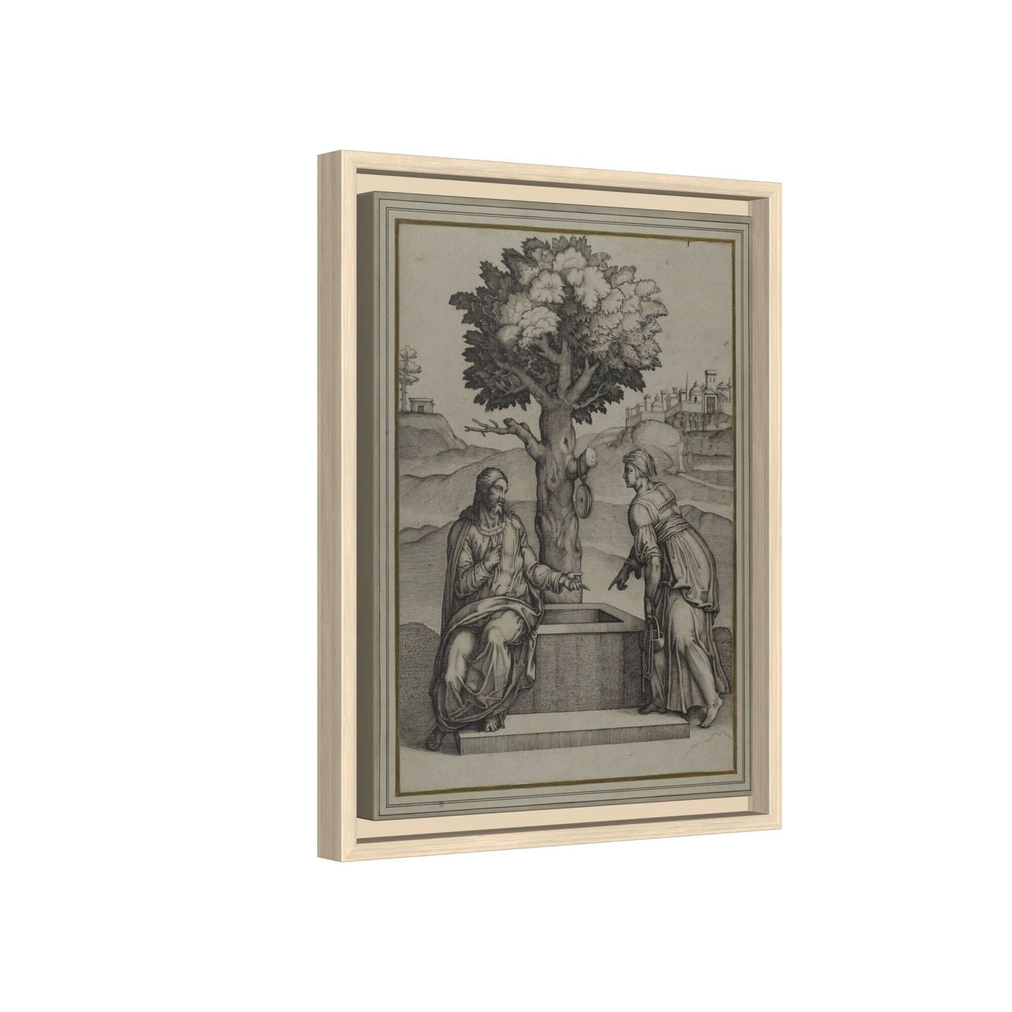 Christ and the Woman of Samaria – Biblical Engraving. Matte. Framed canvas.