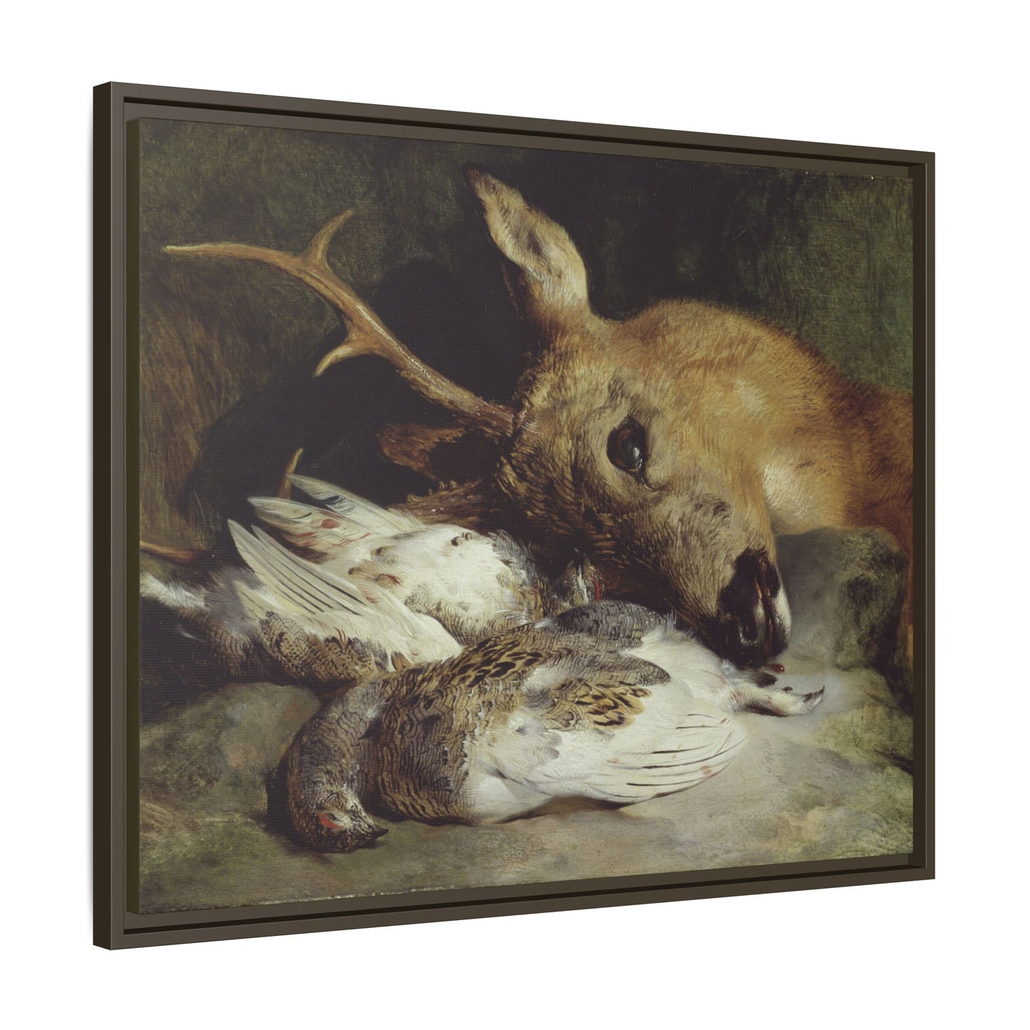 Head of a Roebuck and Two Ptarmigan – Hunting Still Life. Vintage. Matte. Framed canvas.