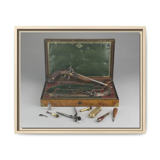 Cased Pair of Percussion Pistols – 19th Century Gentleman’s Set. Matte. Framed Canvas.