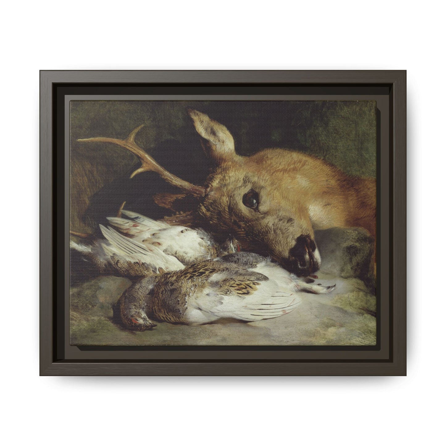 Head of a Roebuck and Two Ptarmigan – Hunting Still Life. Vintage. Matte. Framed canvas.