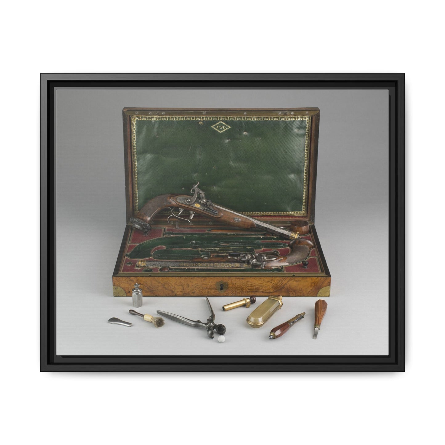 Cased Pair of Percussion Pistols – 19th Century Gentleman’s Set. Matte. Framed Canvas.