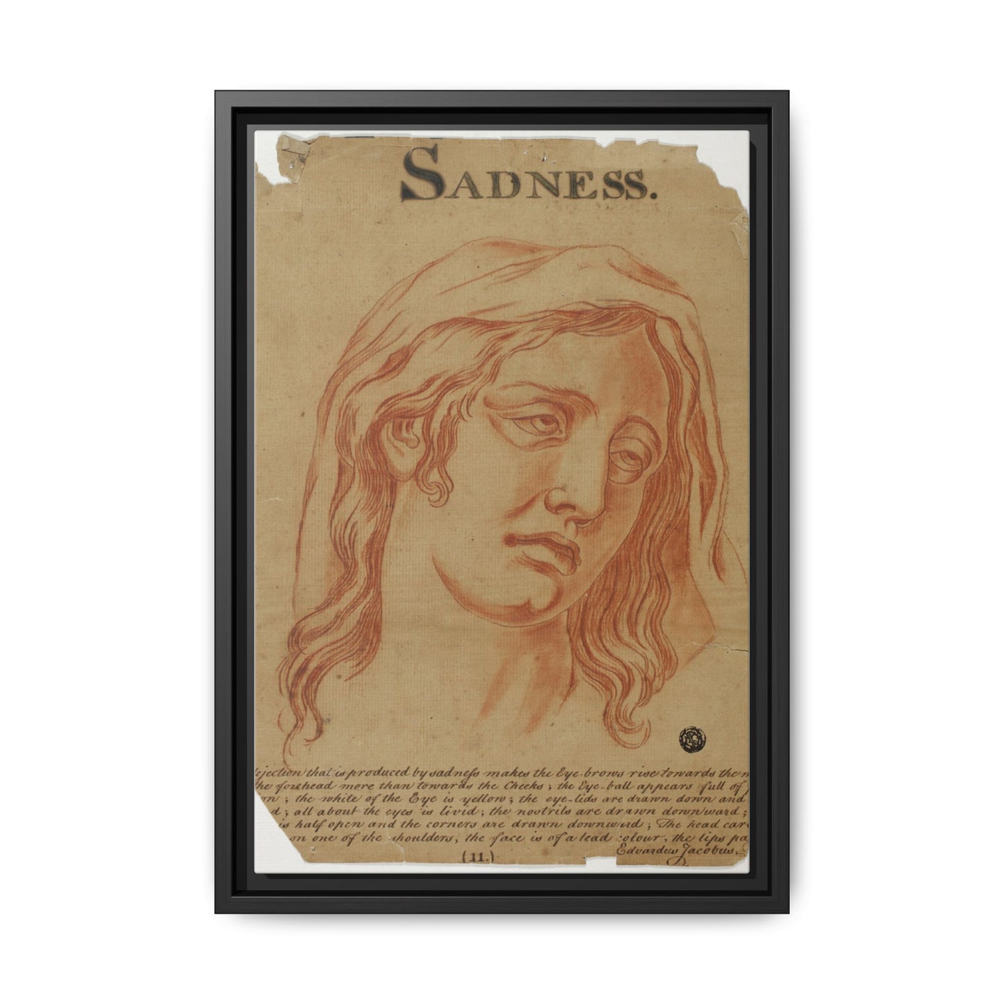 Sadness – Allegorical Engraving. Vintage Red Chalk Head Study. Matte. Framed Canvas.