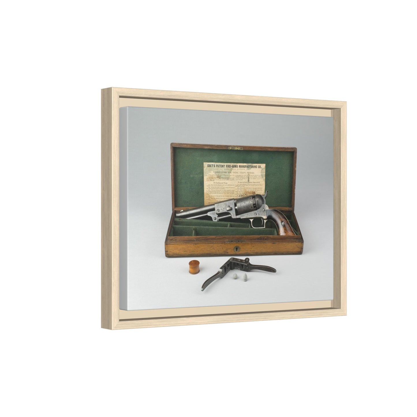 Cased Colt Dragoon Model 1848 – First Issue Revolver. Matte. Framed Canvas.