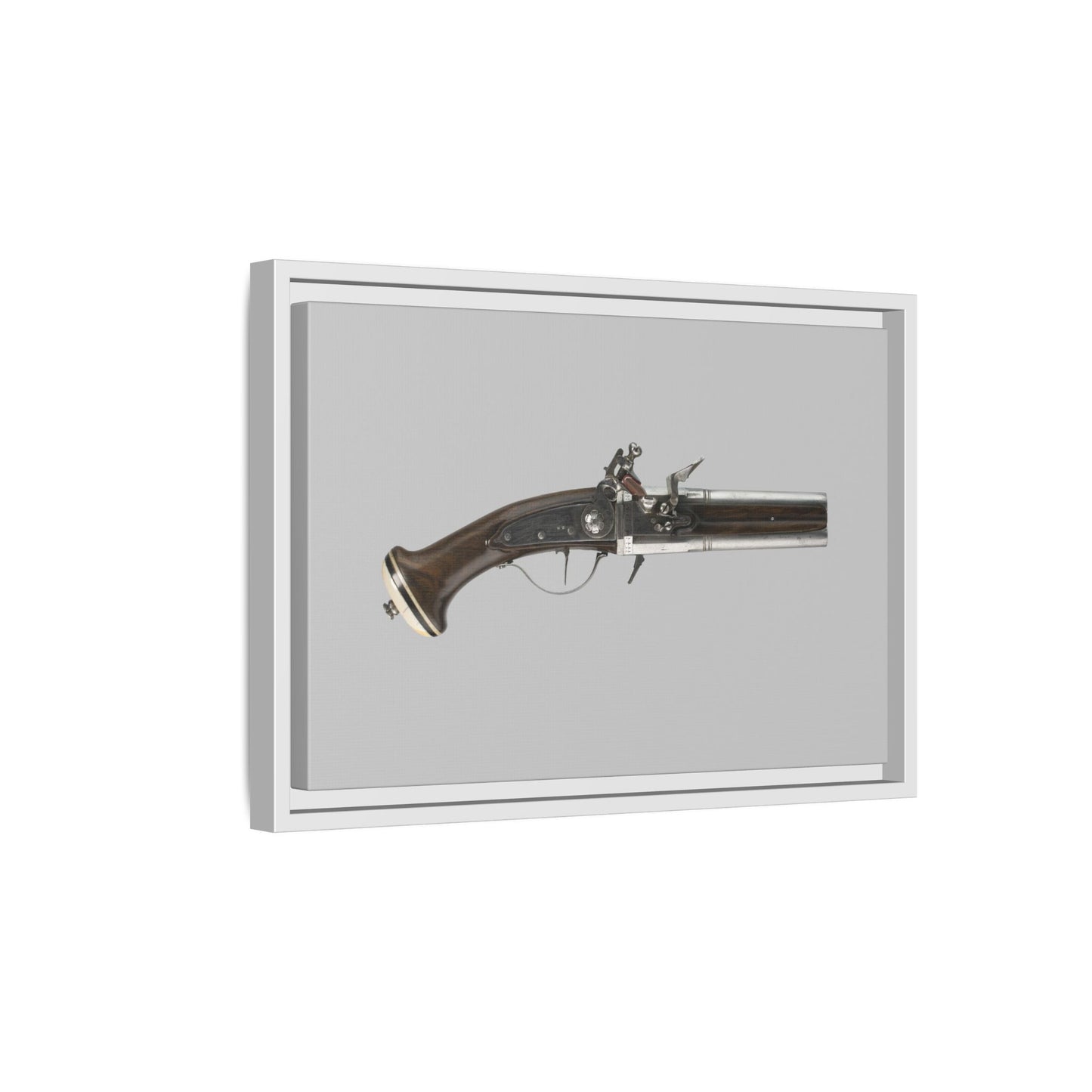 Double-Barrel Revolving Flintlock Pocket Pistol – 19th Century. Matte. Framed canvas.