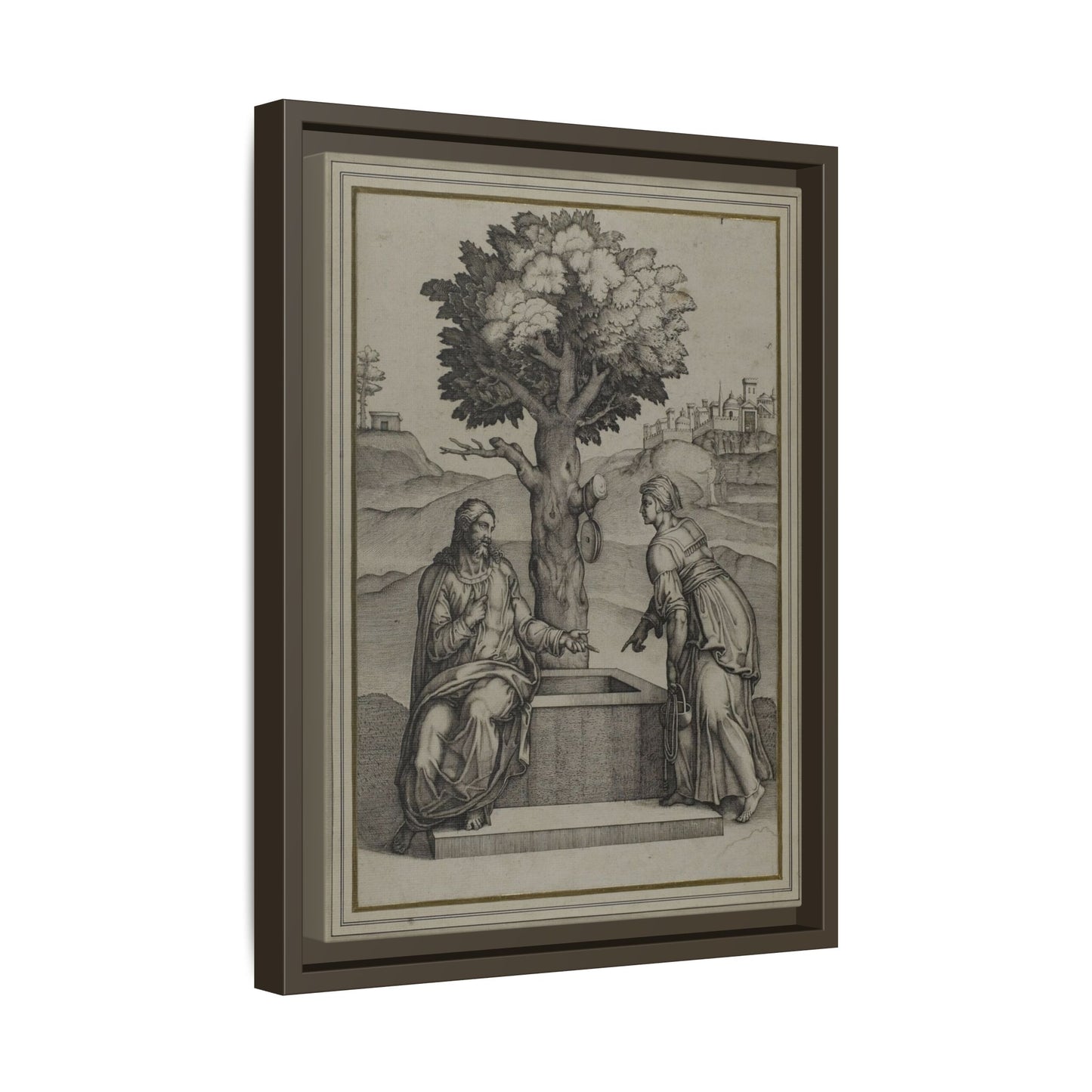 Christ and the Woman of Samaria – Biblical Engraving. Matte. Framed canvas.