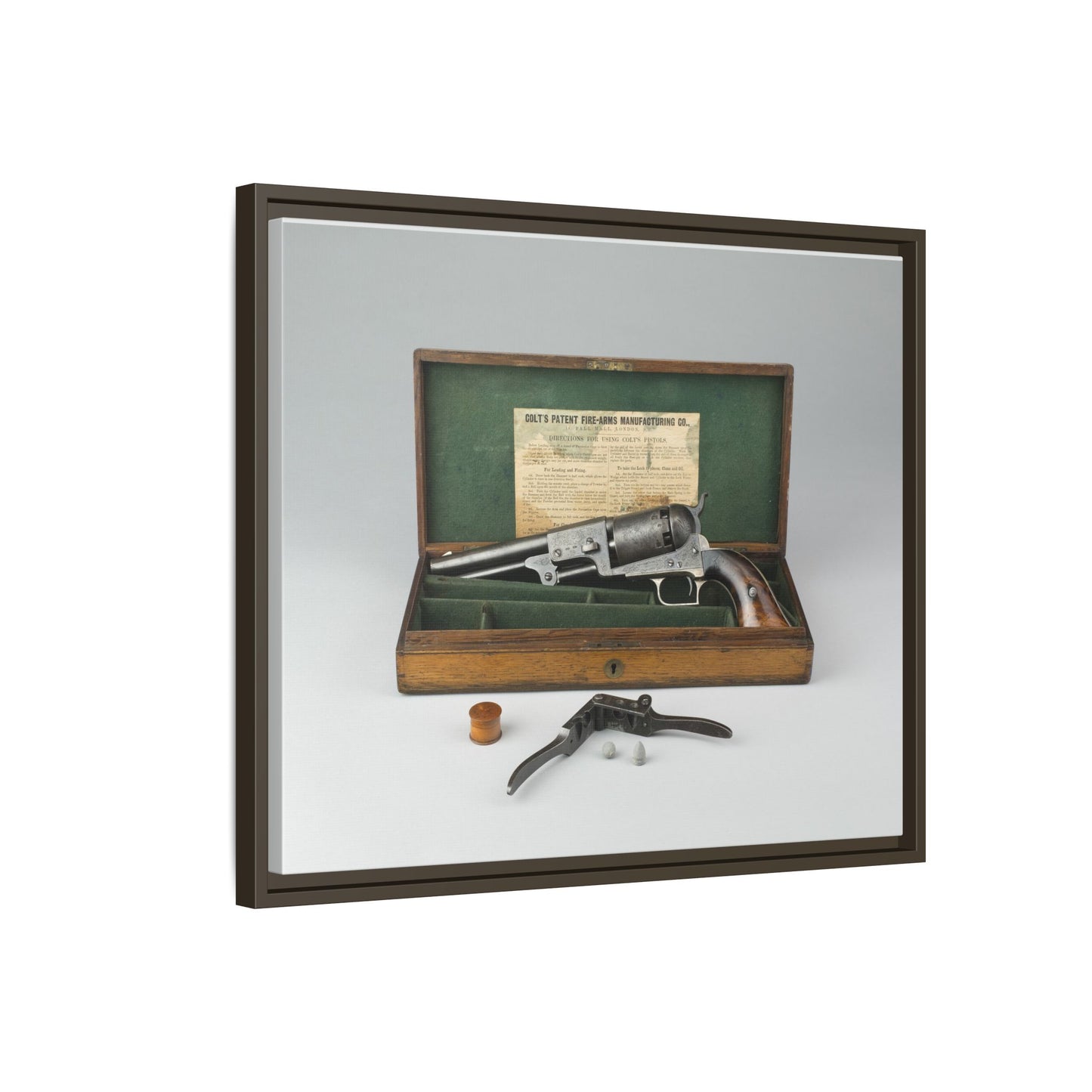 Cased Colt Dragoon Model 1848 – First Issue Revolver. Matte. Framed Canvas.