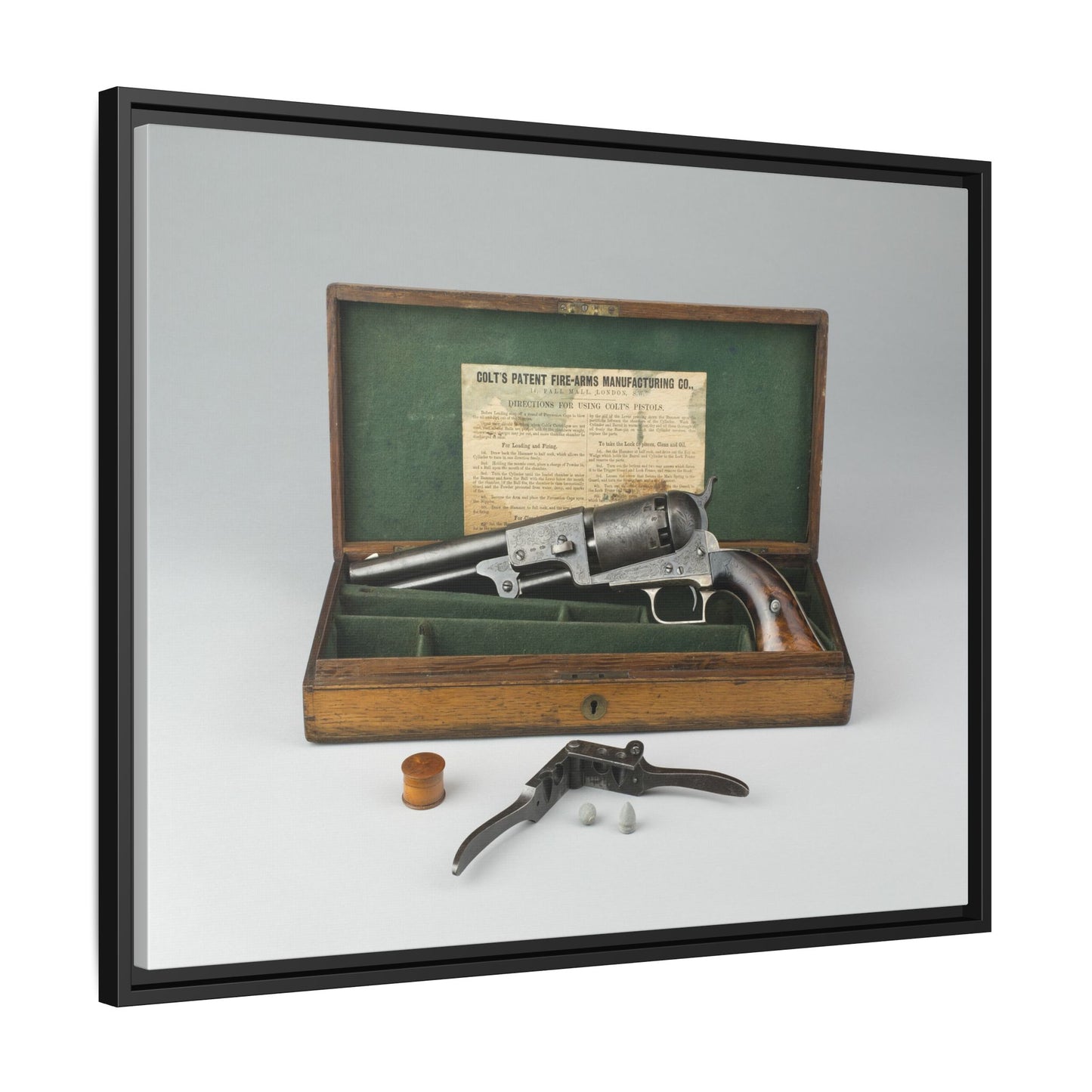 Cased Colt Dragoon Model 1848 – First Issue Revolver. Matte. Framed Canvas.