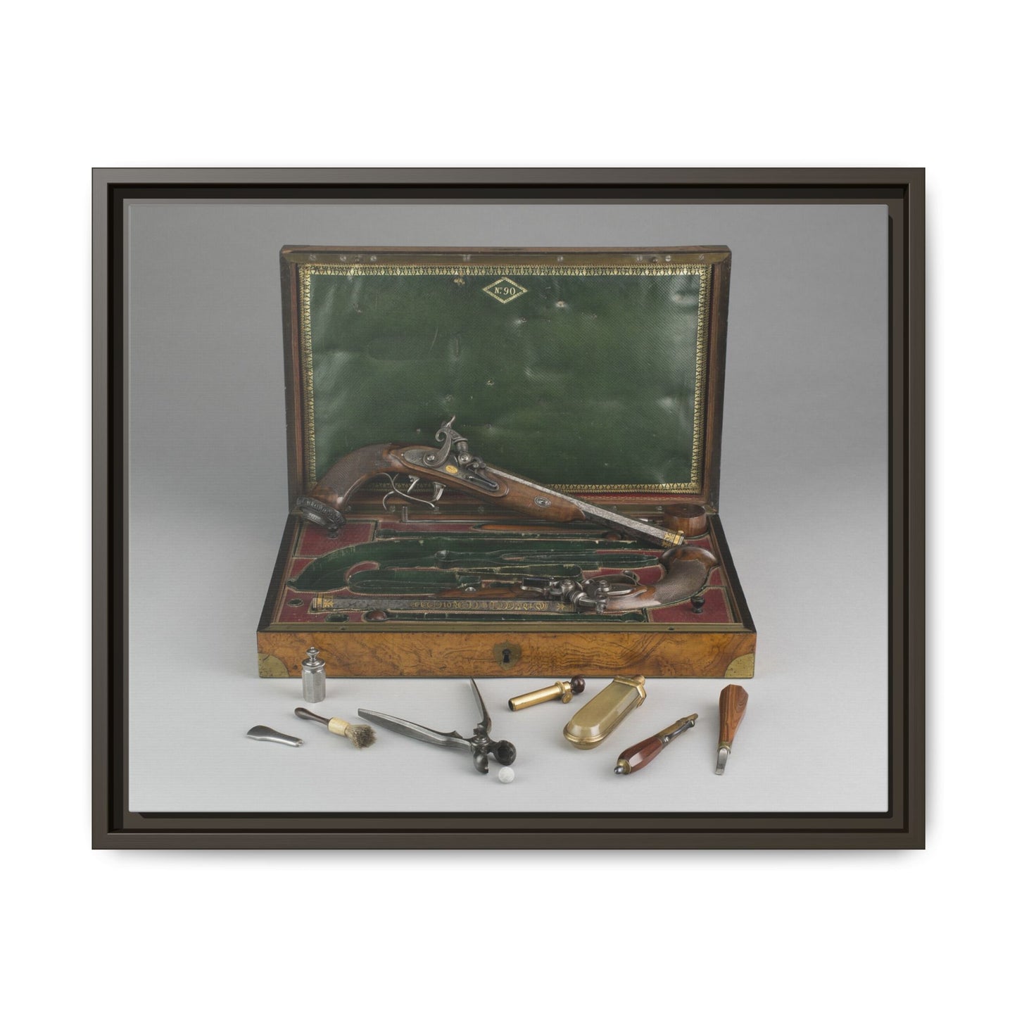 Cased Pair of Percussion Pistols – 19th Century Gentleman’s Set. Matte. Framed Canvas.