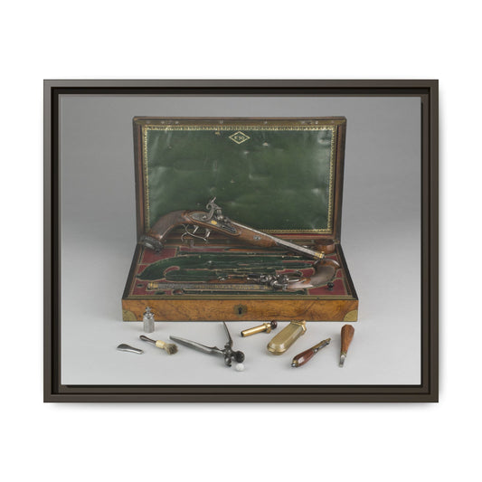 Cased Pair of Percussion Pistols – 19th Century Gentleman’s Set. Matte. Framed Canvas.