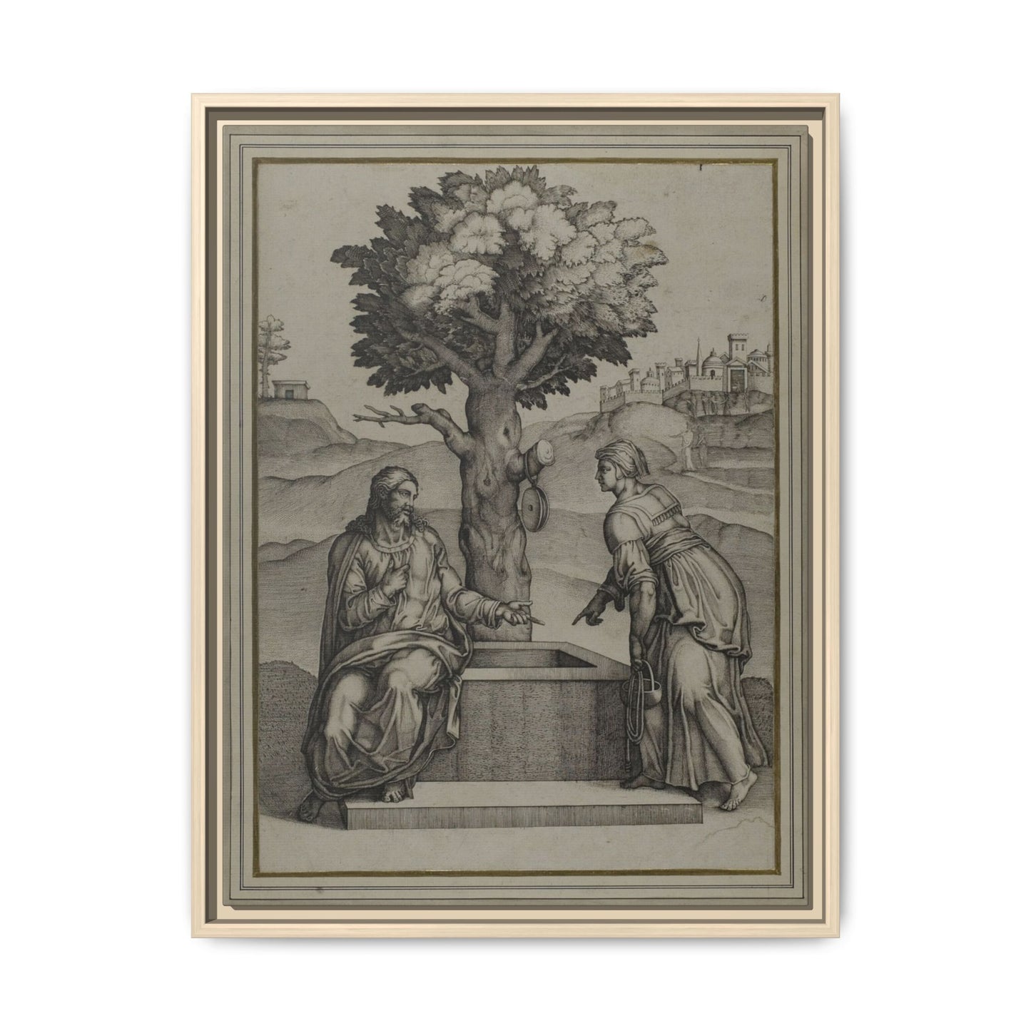 Christ and the Woman of Samaria – Biblical Engraving. Matte. Framed canvas.