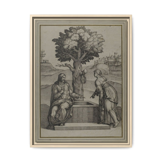 Christ and the Woman of Samaria – Biblical Engraving. Matte. Framed canvas.