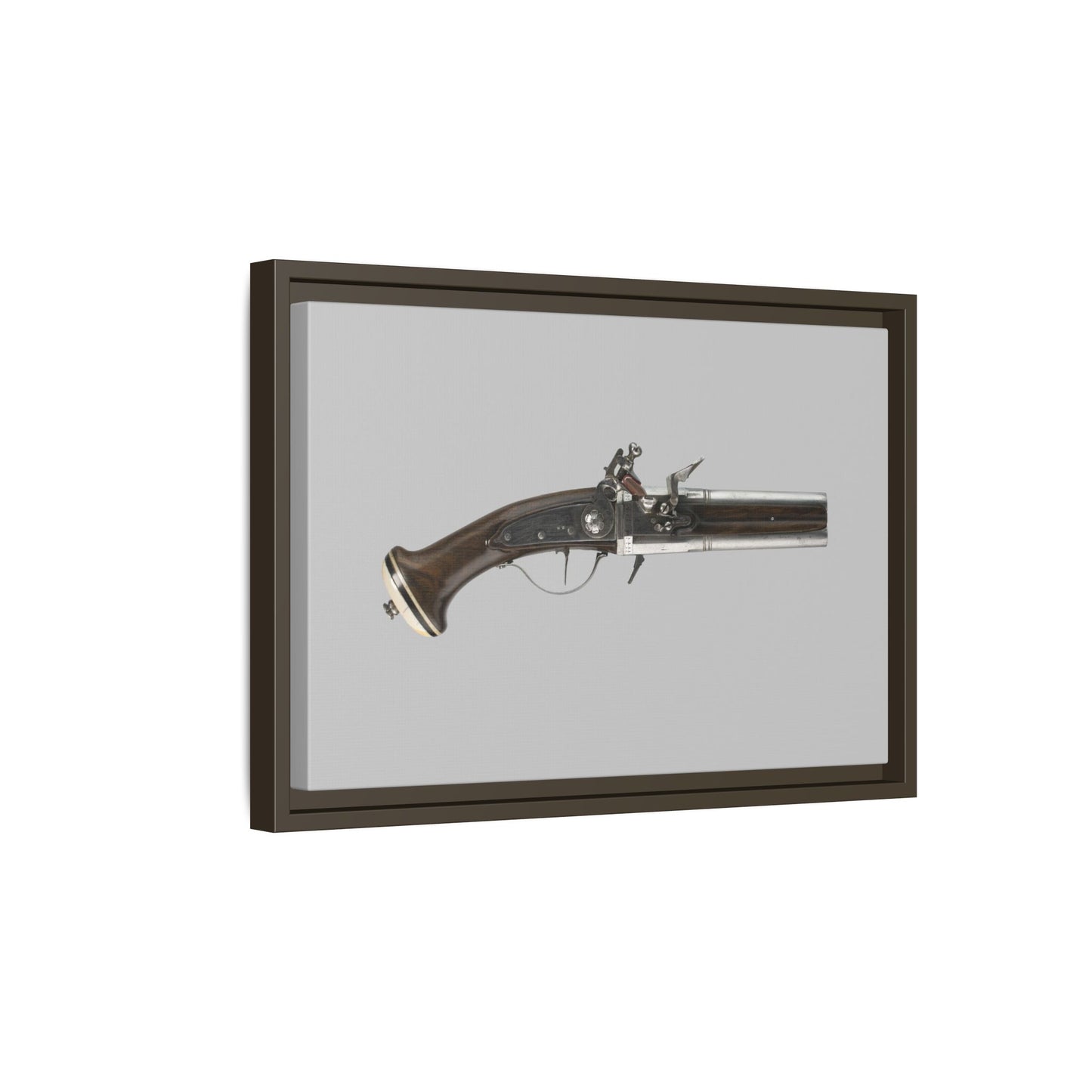 Double-Barrel Revolving Flintlock Pocket Pistol – 19th Century. Matte. Framed canvas.