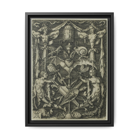 Ornamental Design with a Bat in the Centre – Renaissance Grotesque Engraving. Gothic. Matte. Framed canvas.