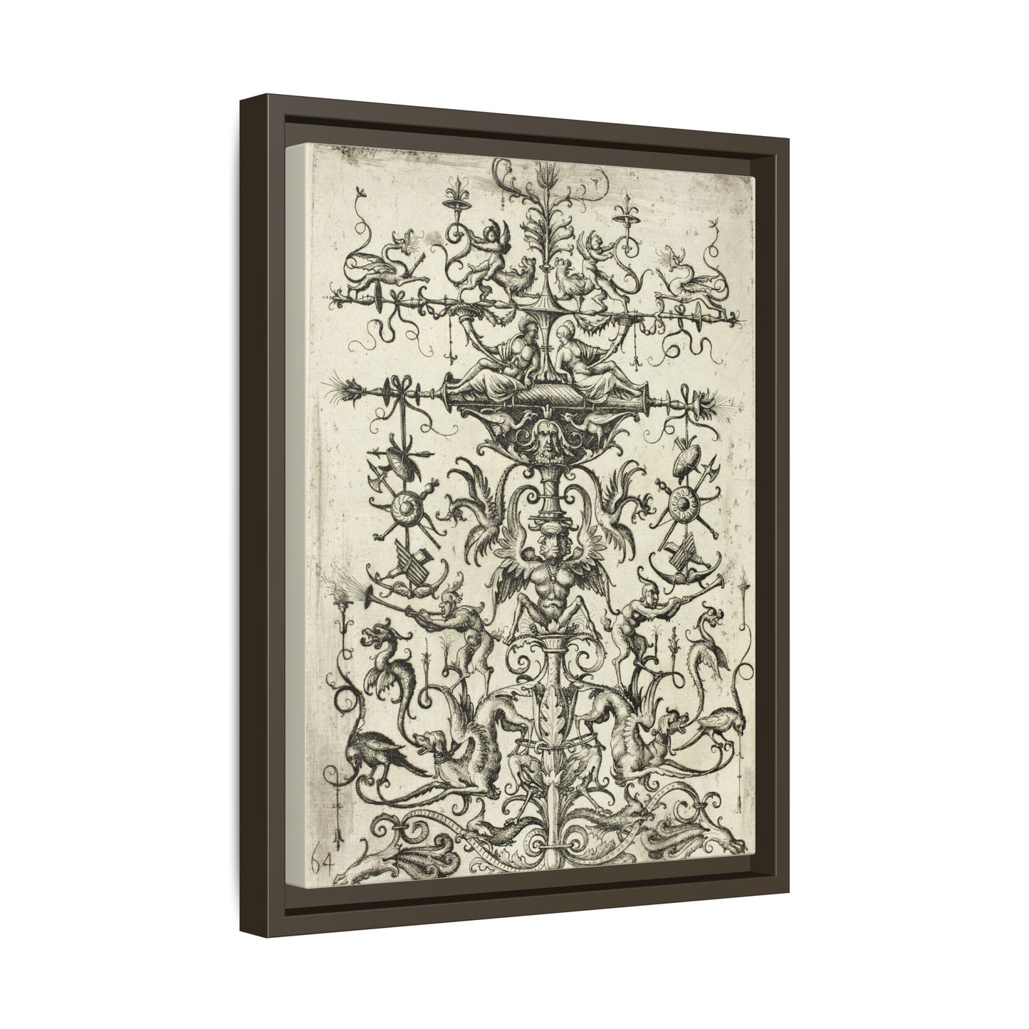 Ornament with Arabesques – Renaissance Grotesque Engraving. Matte. Framed canvas.