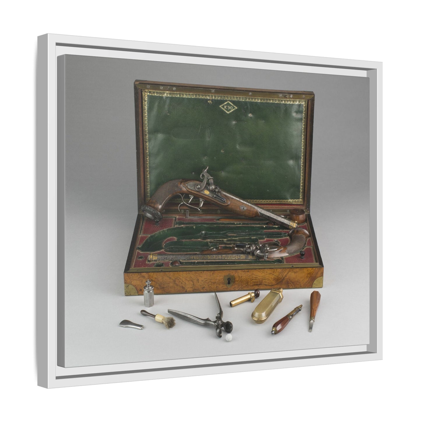 Cased Pair of Percussion Pistols – 19th Century Gentleman’s Set. Matte. Framed Canvas.