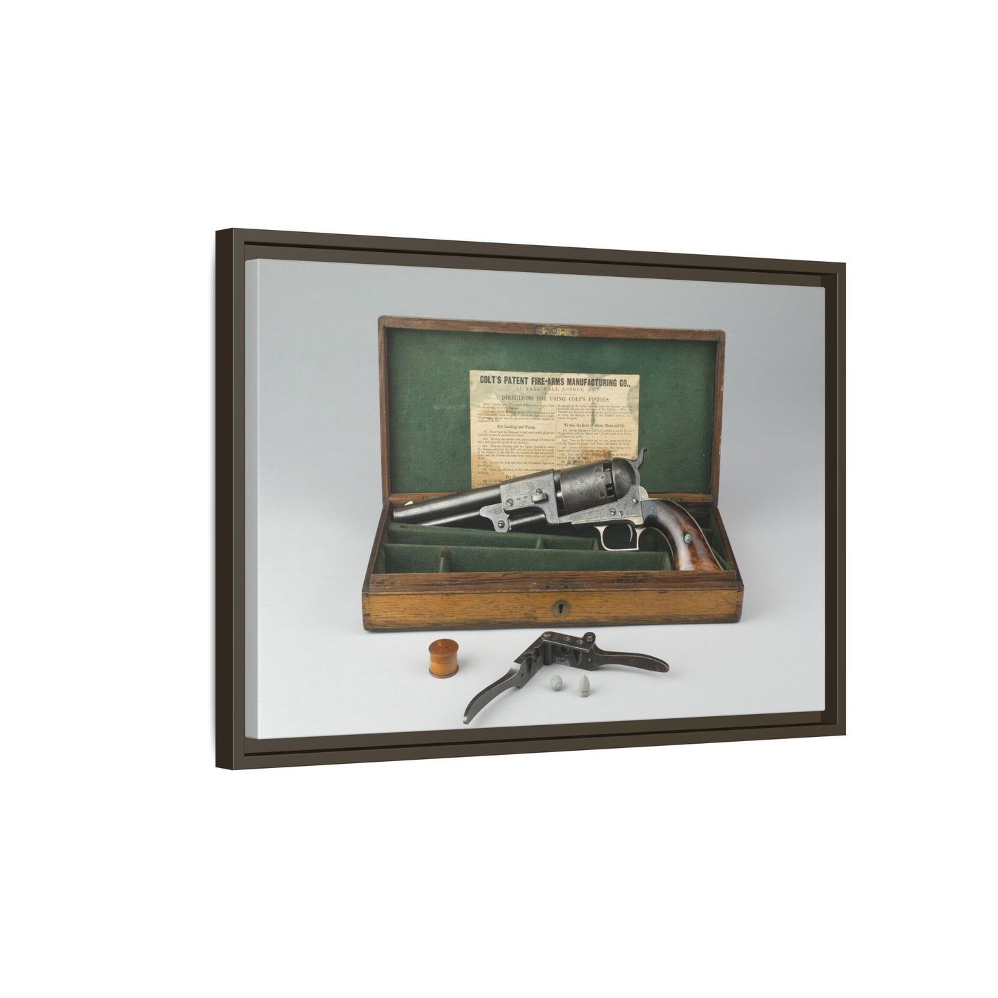 Cased Colt Dragoon Model 1848 – First Issue Revolver. Matte. Framed Canvas.