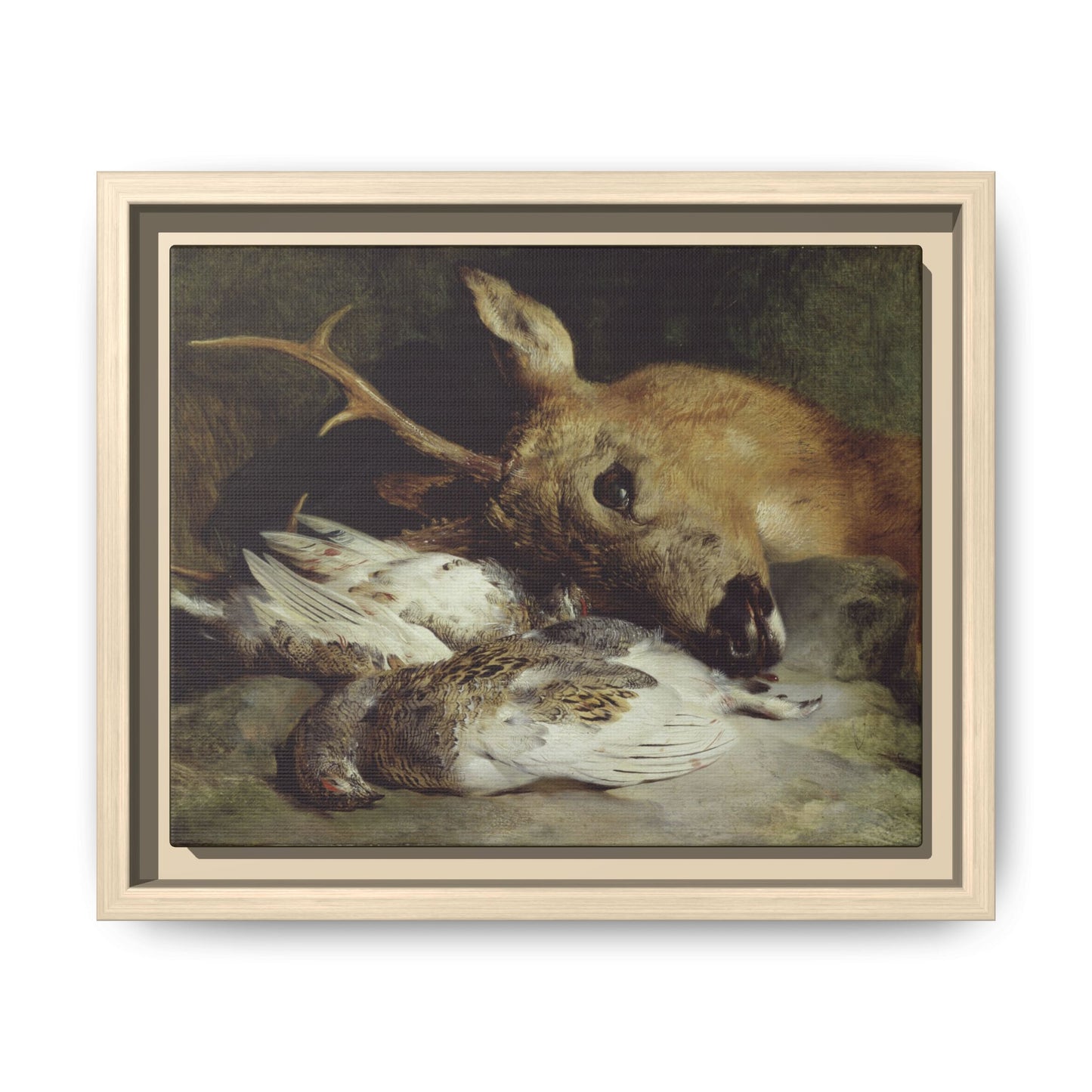 Head of a Roebuck and Two Ptarmigan – Hunting Still Life. Vintage. Matte. Framed canvas.