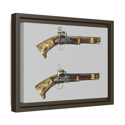 Double-Barrel Revolving Flintlock Holster Pistols – 19th Century. Matte. Framed canvas.