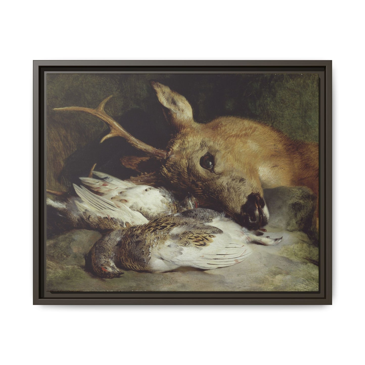 Head of a Roebuck and Two Ptarmigan – Hunting Still Life. Vintage. Matte. Framed canvas.