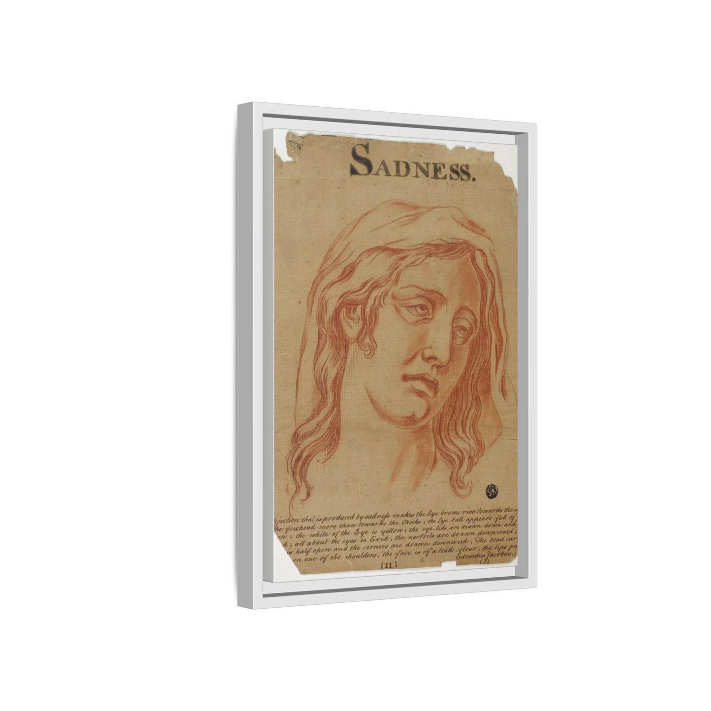 Sadness – Allegorical Engraving. Vintage Red Chalk Head Study. Matte. Framed Canvas.