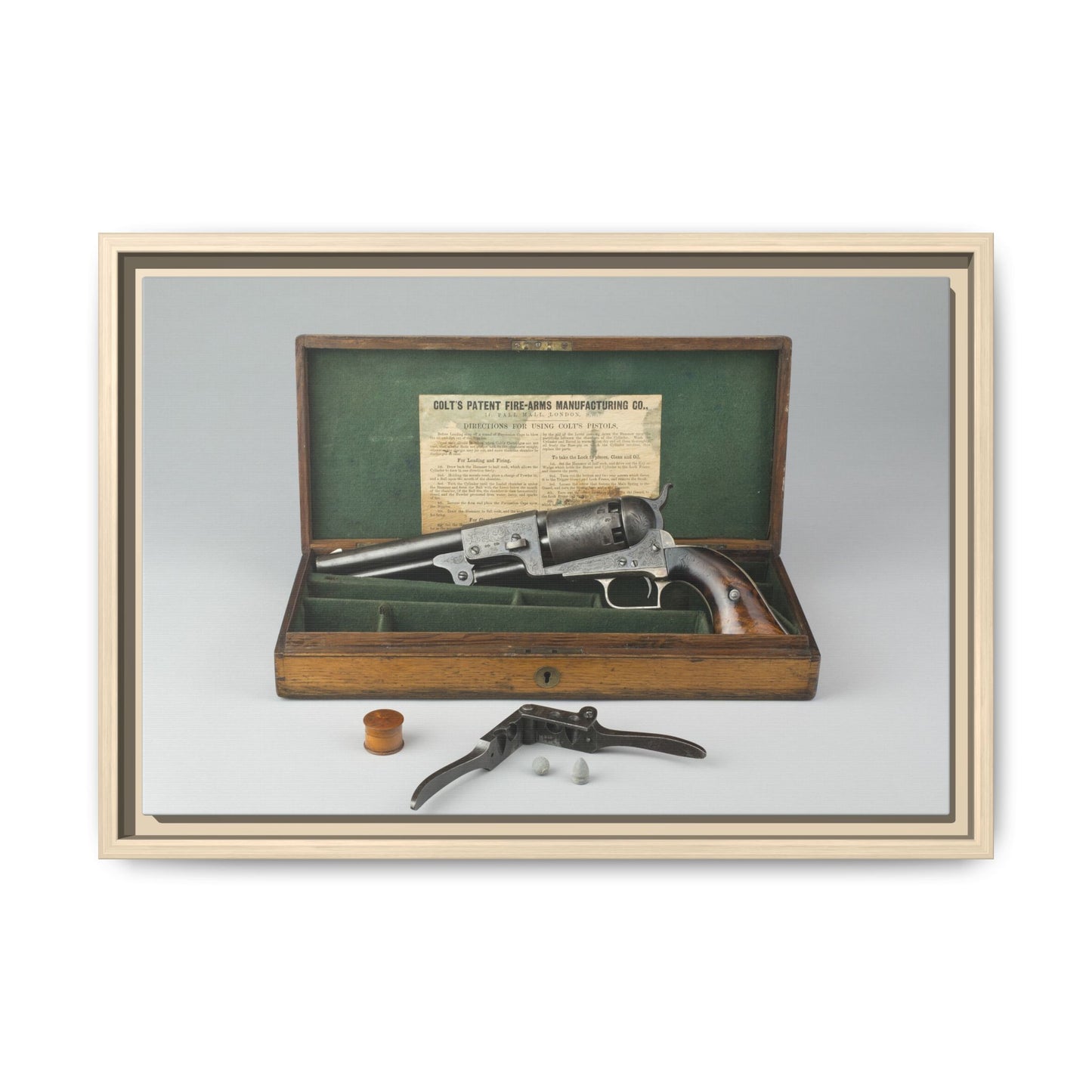 Cased Colt Dragoon Model 1848 – First Issue Revolver. Matte. Framed Canvas.