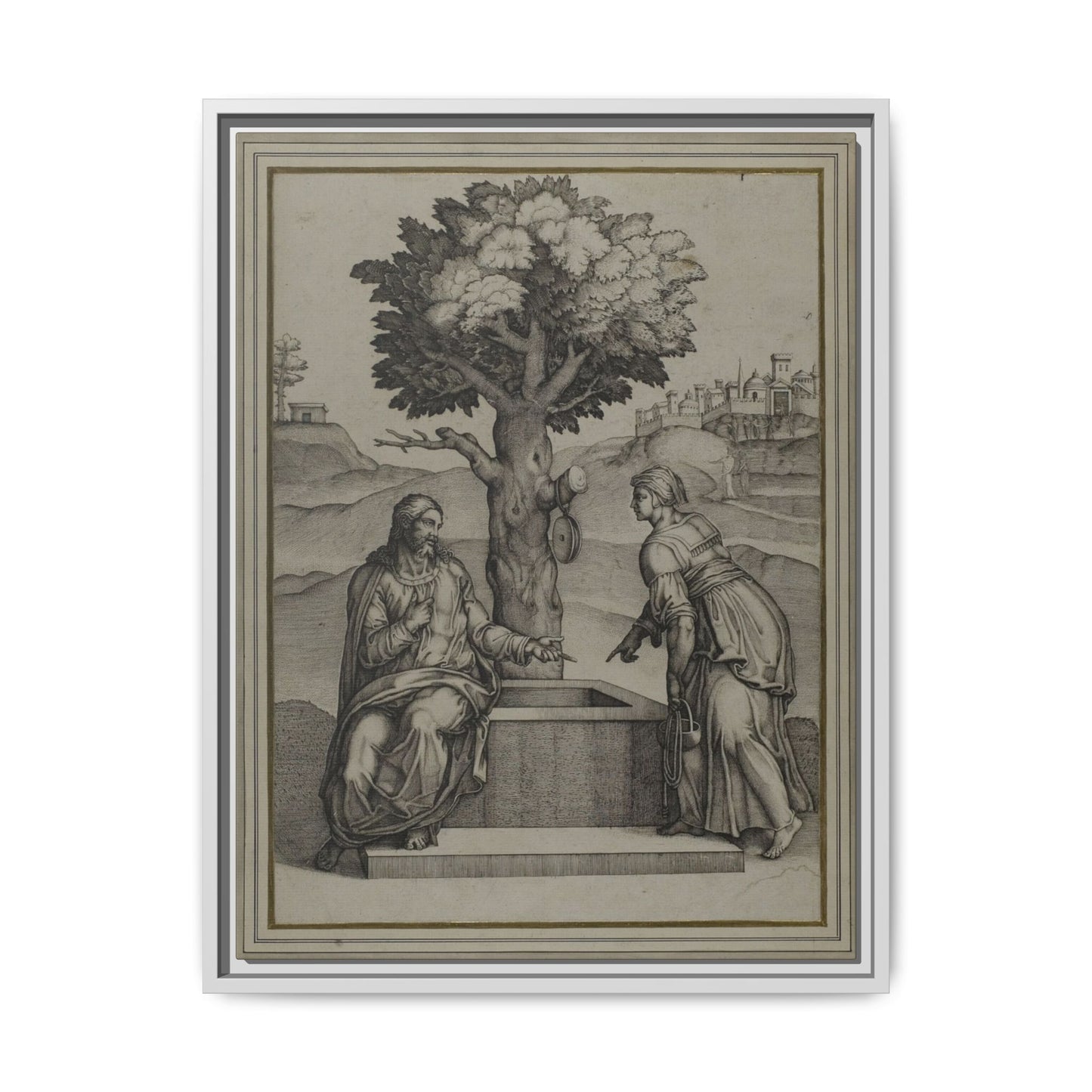 Christ and the Woman of Samaria – Biblical Engraving. Matte. Framed canvas.