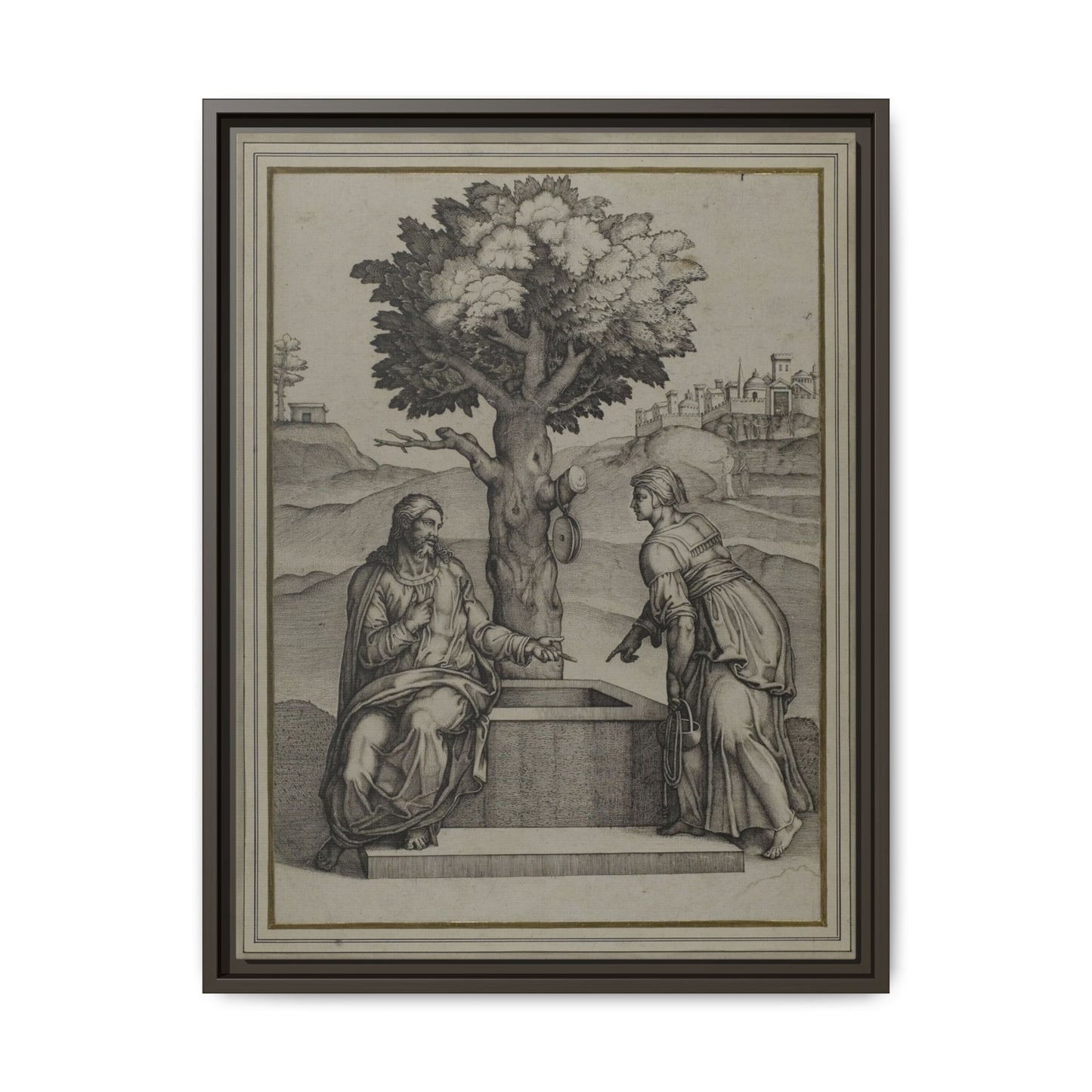 Christ and the Woman of Samaria – Biblical Engraving. Matte. Framed canvas.