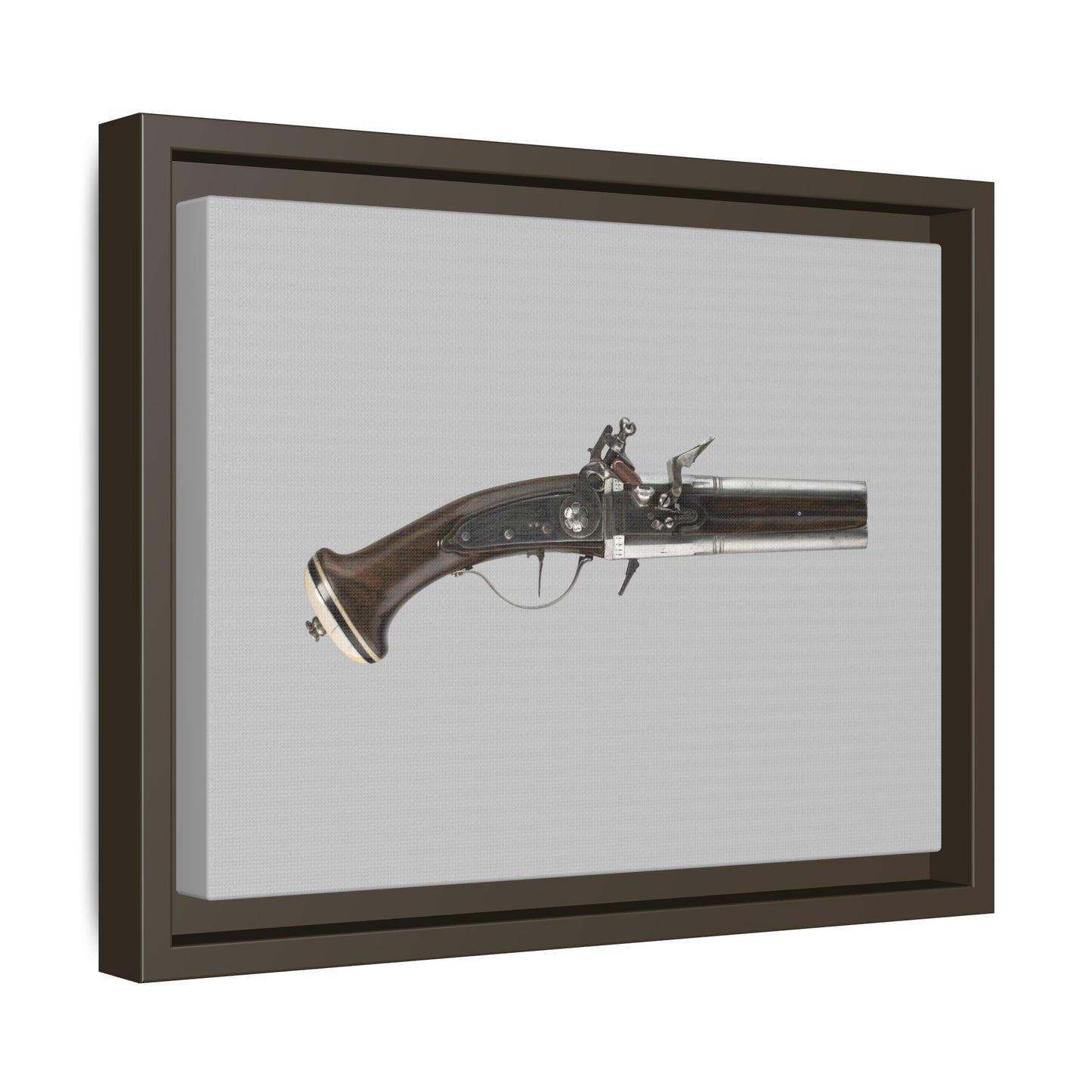 Double-Barrel Revolving Flintlock Pocket Pistol – 19th Century. Matte. Framed canvas.