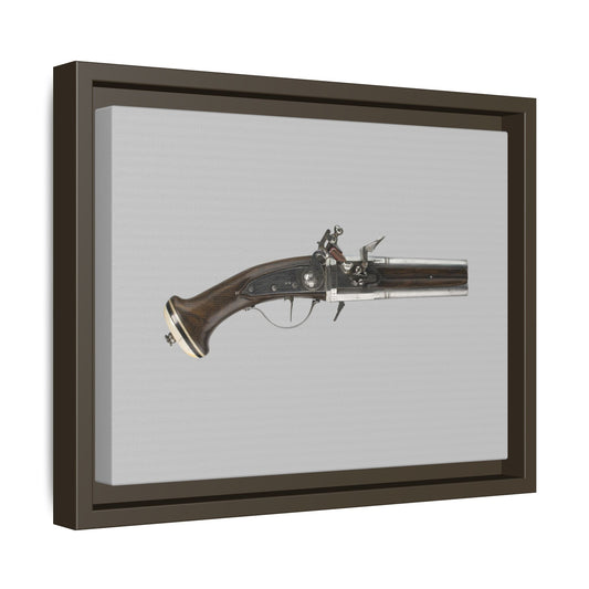 Double-Barrel Revolving Flintlock Pocket Pistol – 19th Century. Matte. Framed canvas.