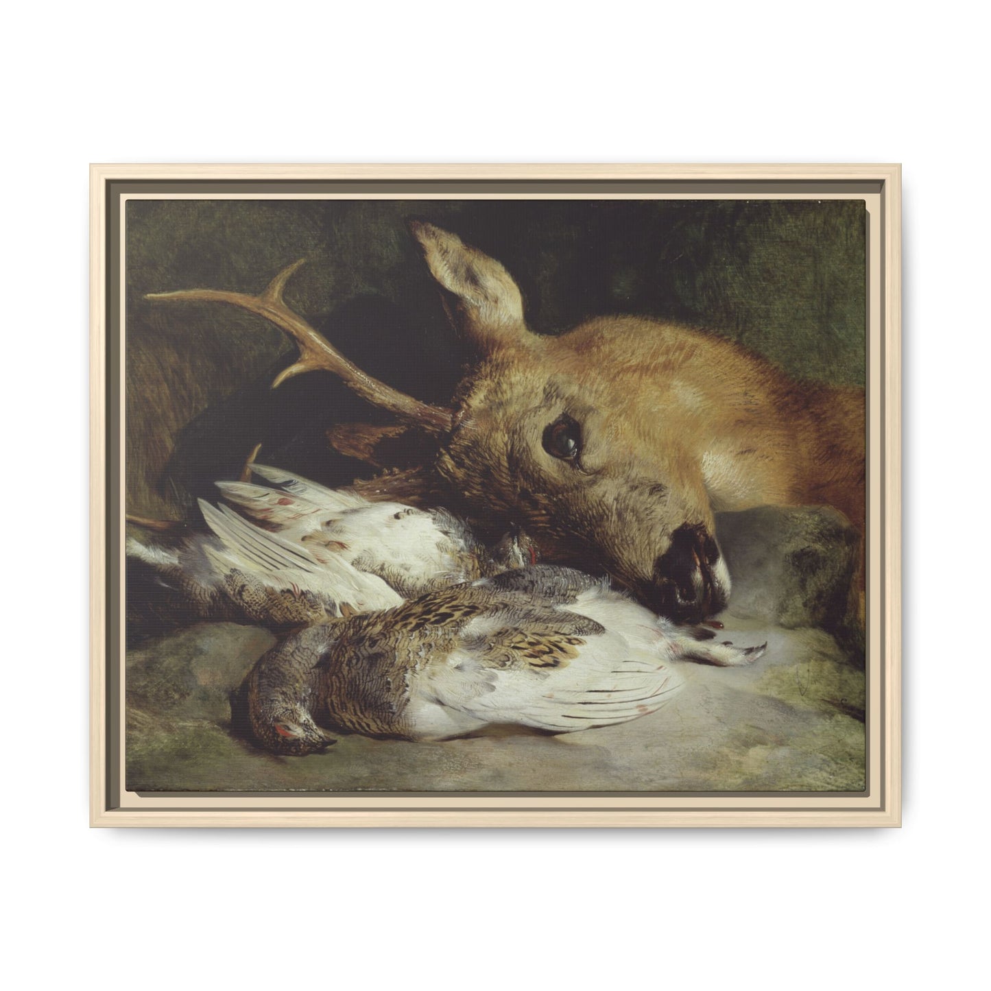 Head of a Roebuck and Two Ptarmigan – Hunting Still Life. Vintage. Matte. Framed canvas.