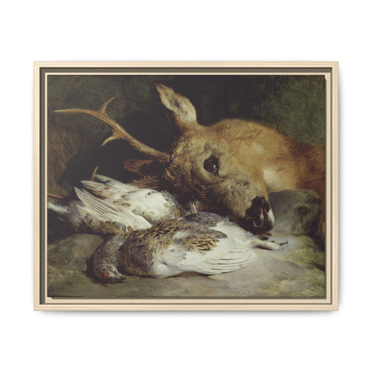 Head of a Roebuck and Two Ptarmigan – Hunting Still Life. Vintage. Matte. Framed canvas.