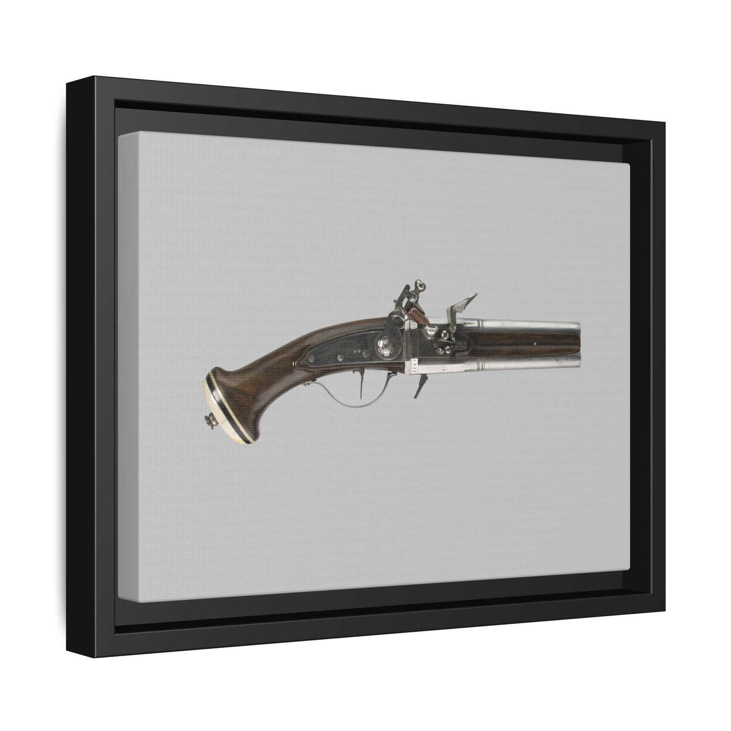 Double-Barrel Revolving Flintlock Pocket Pistol – 19th Century. Matte. Framed canvas.