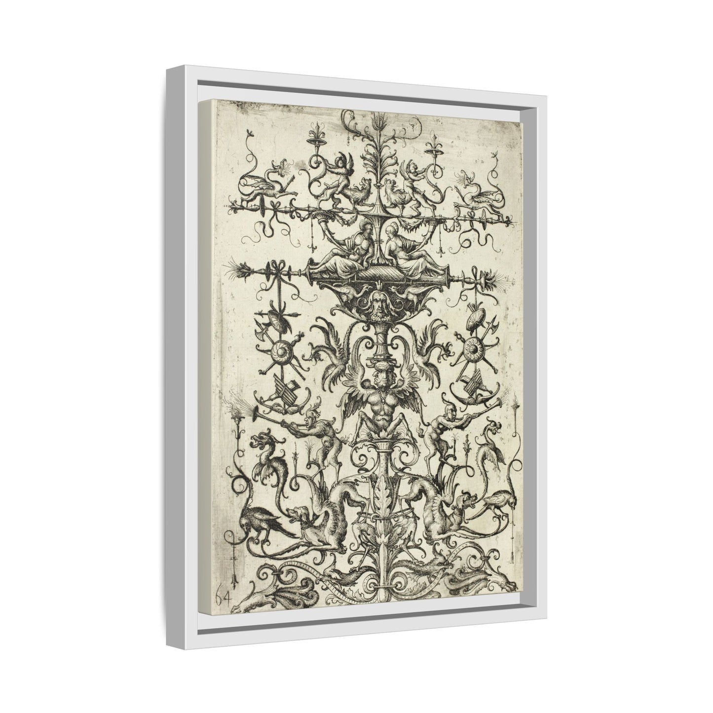 Ornament with Arabesques – Renaissance Grotesque Engraving. Matte. Framed canvas.