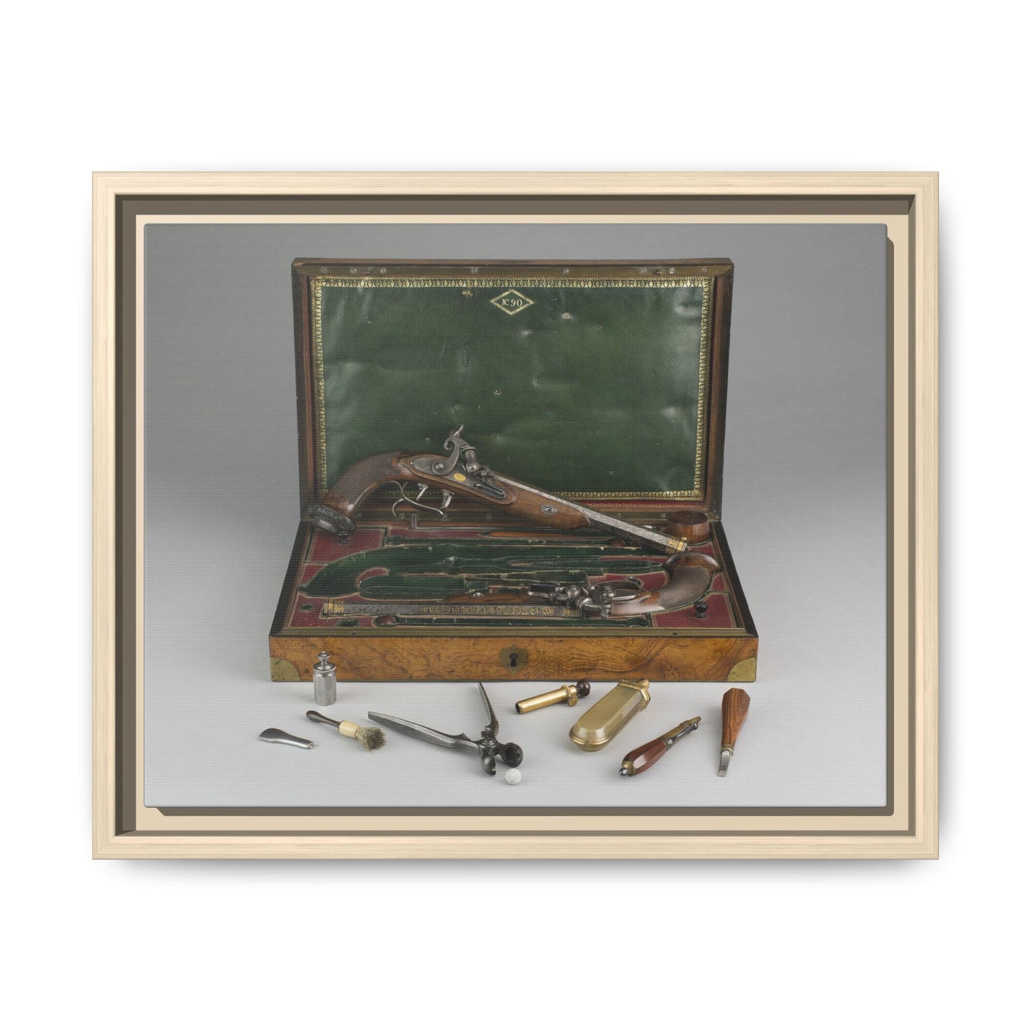 Cased Pair of Percussion Pistols – 19th Century Gentleman’s Set. Matte. Framed Canvas.